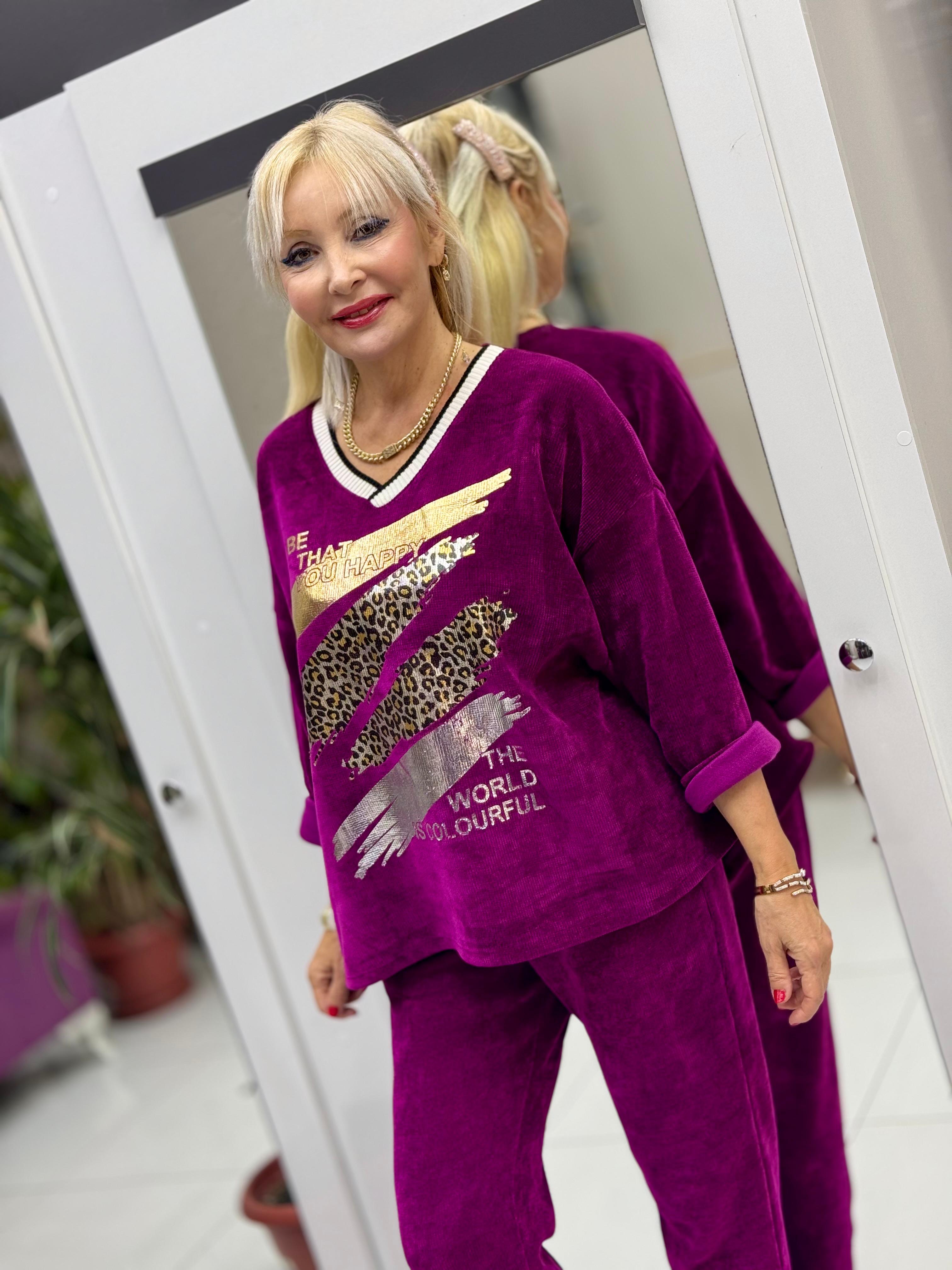 NC24155 Leopar Baskılı İtalyan Kadife Takım Eflatun