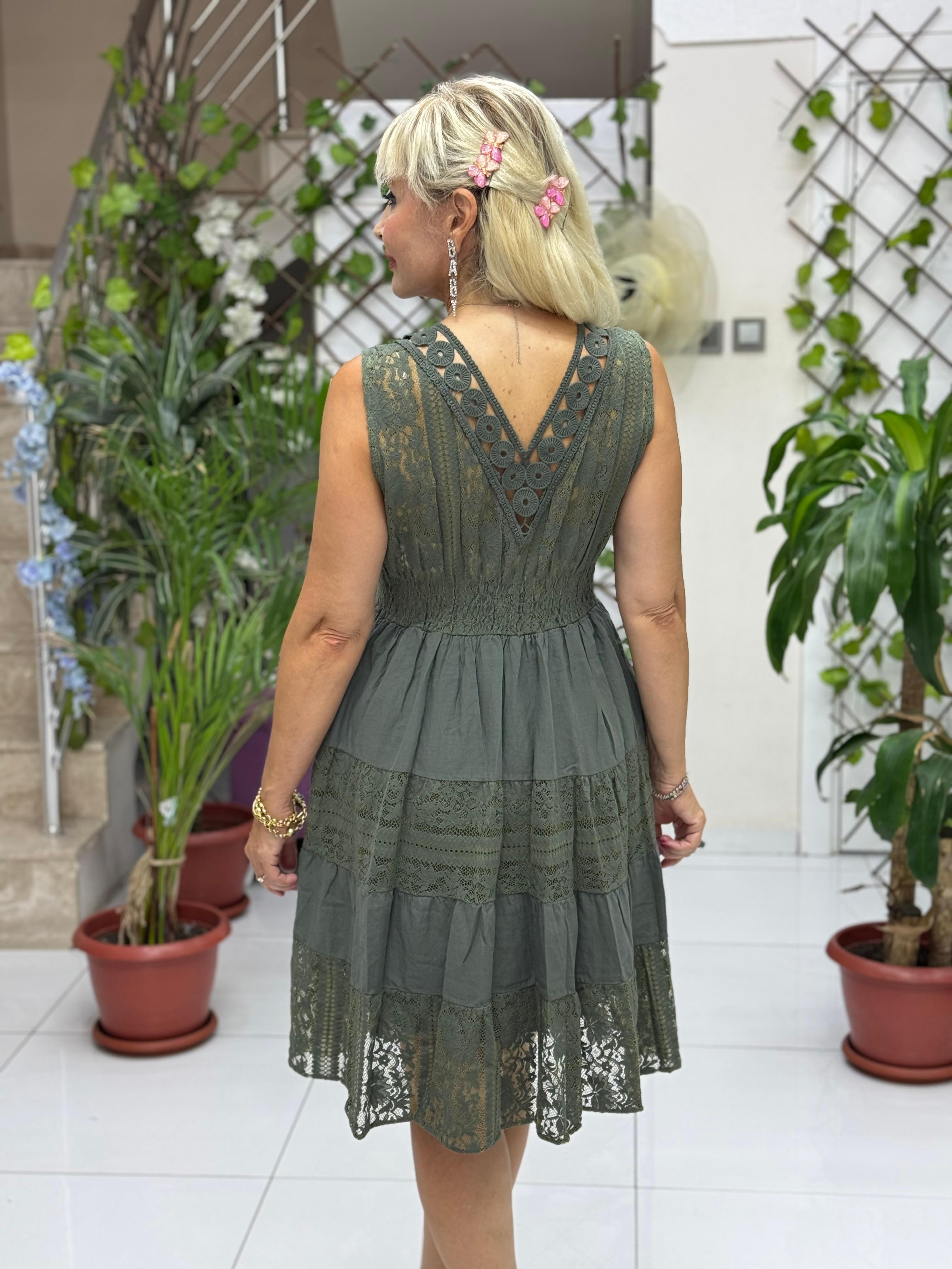 NC10143 İtalyan Askılı Dantelli Coton Elbise Haki