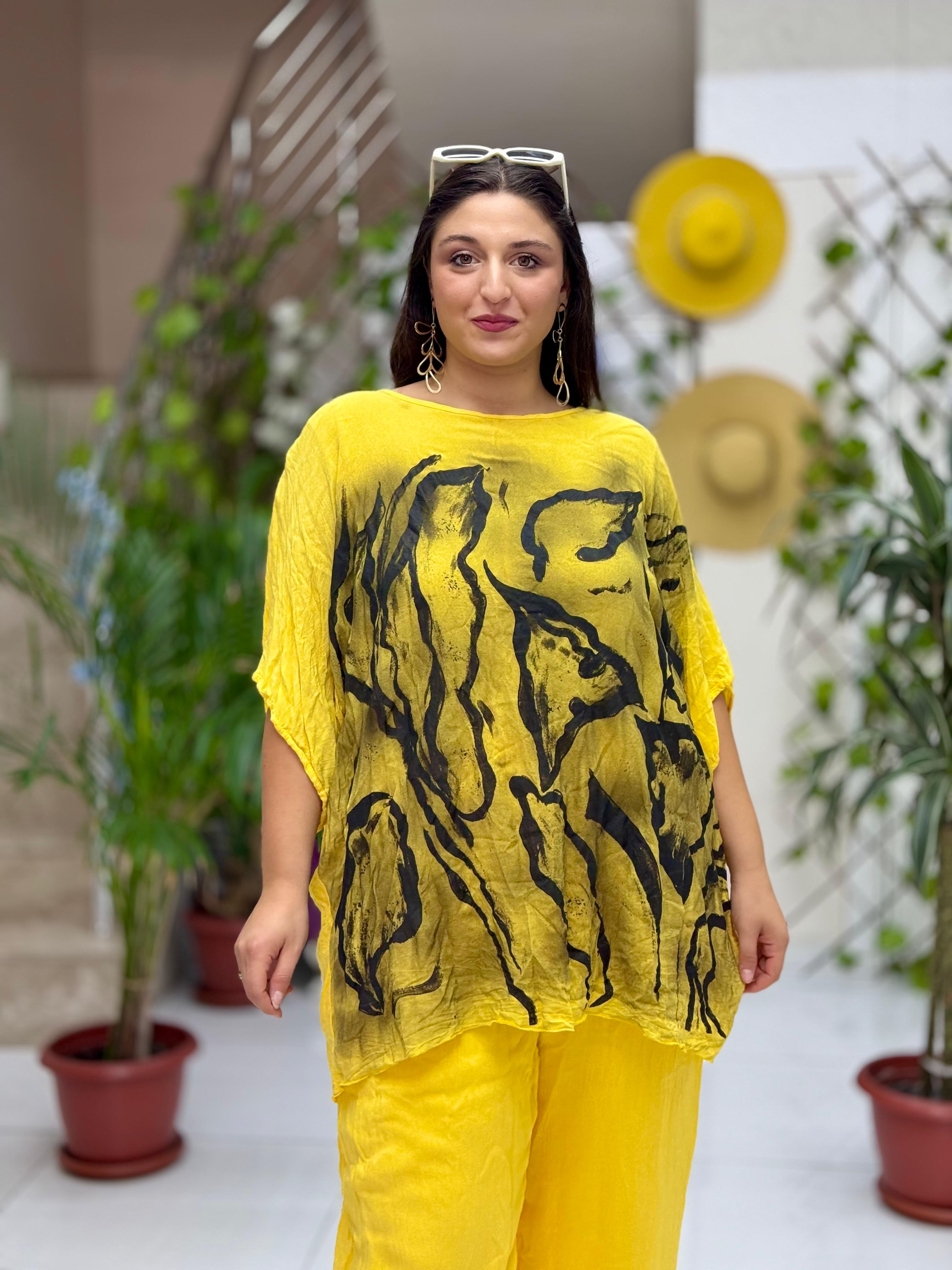 VL3009 Yarasa Kol Baskılı Vual Bluz Sarı