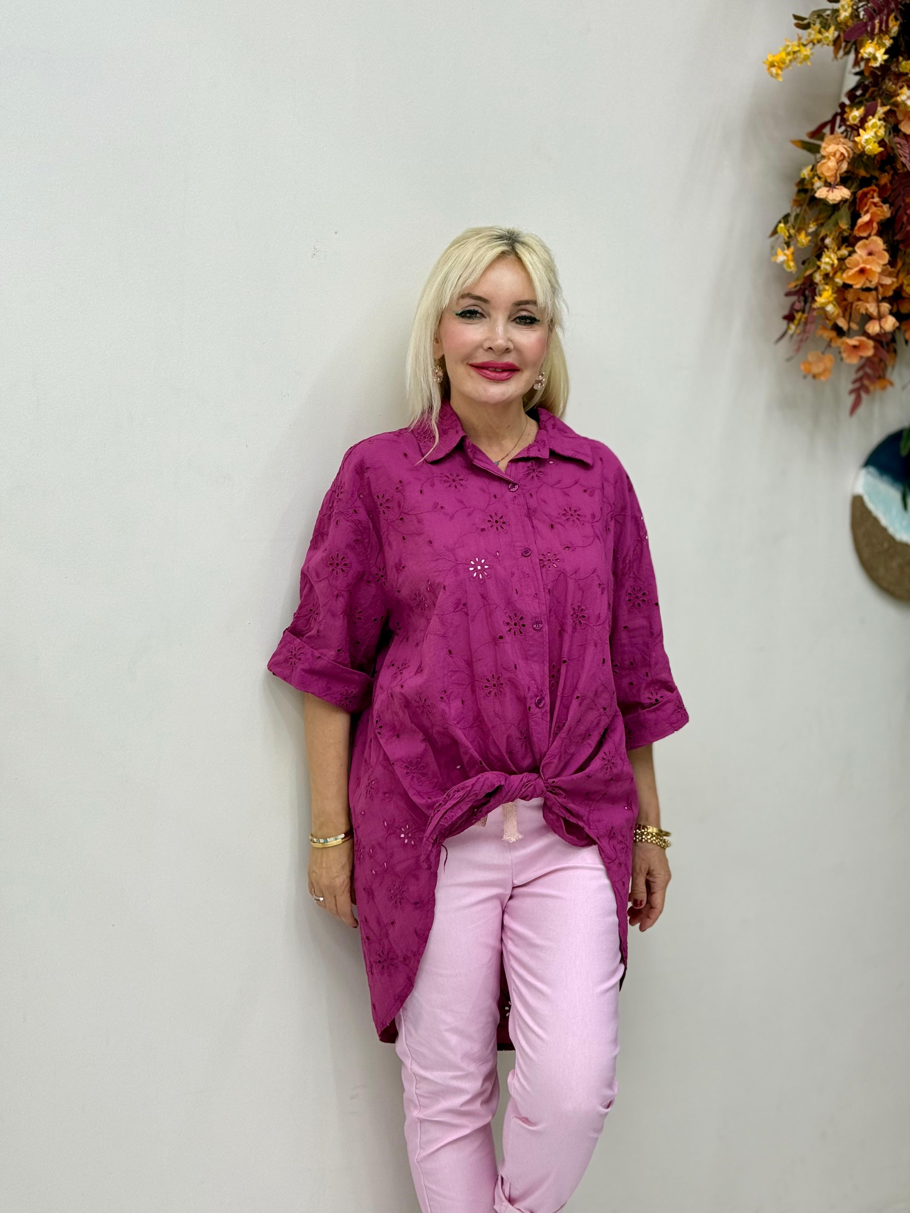 YG1360 İtalyan Brodeli Tunik Gömlek Vişne