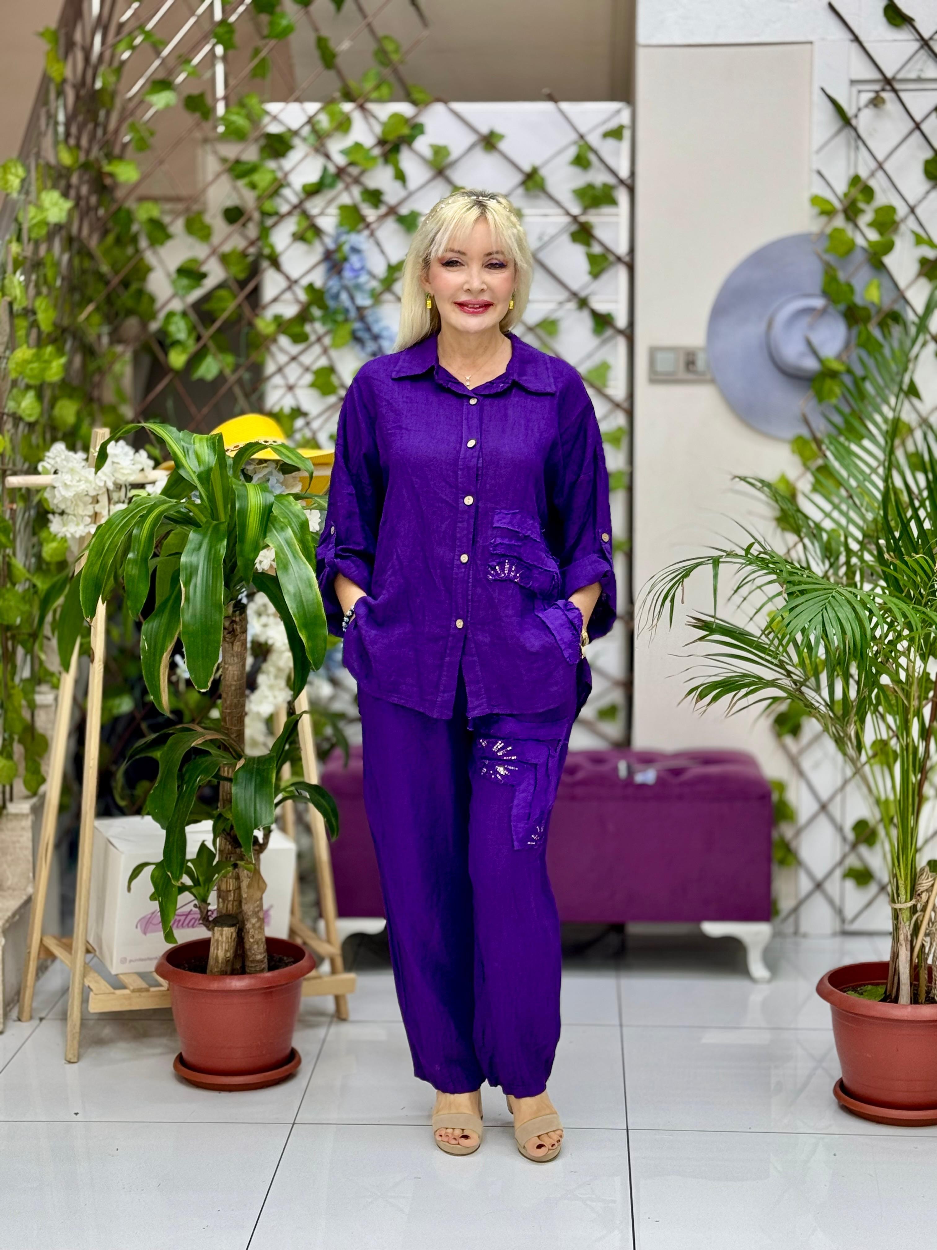 N10661 Traje Italiano Lino Ciruela