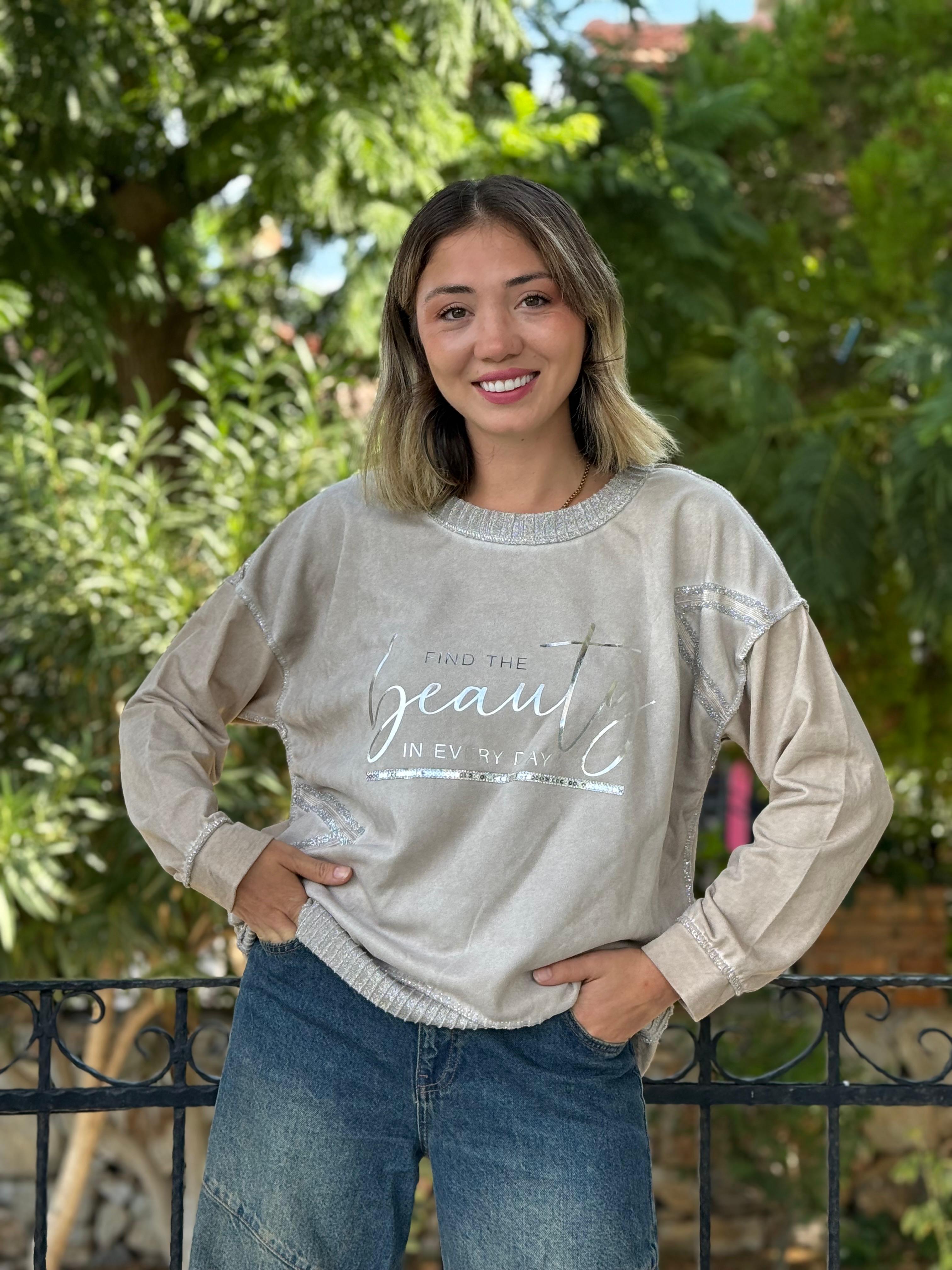 NC50793 İtalyan Beauty Yazılı Coton Sweatshirt Krem
