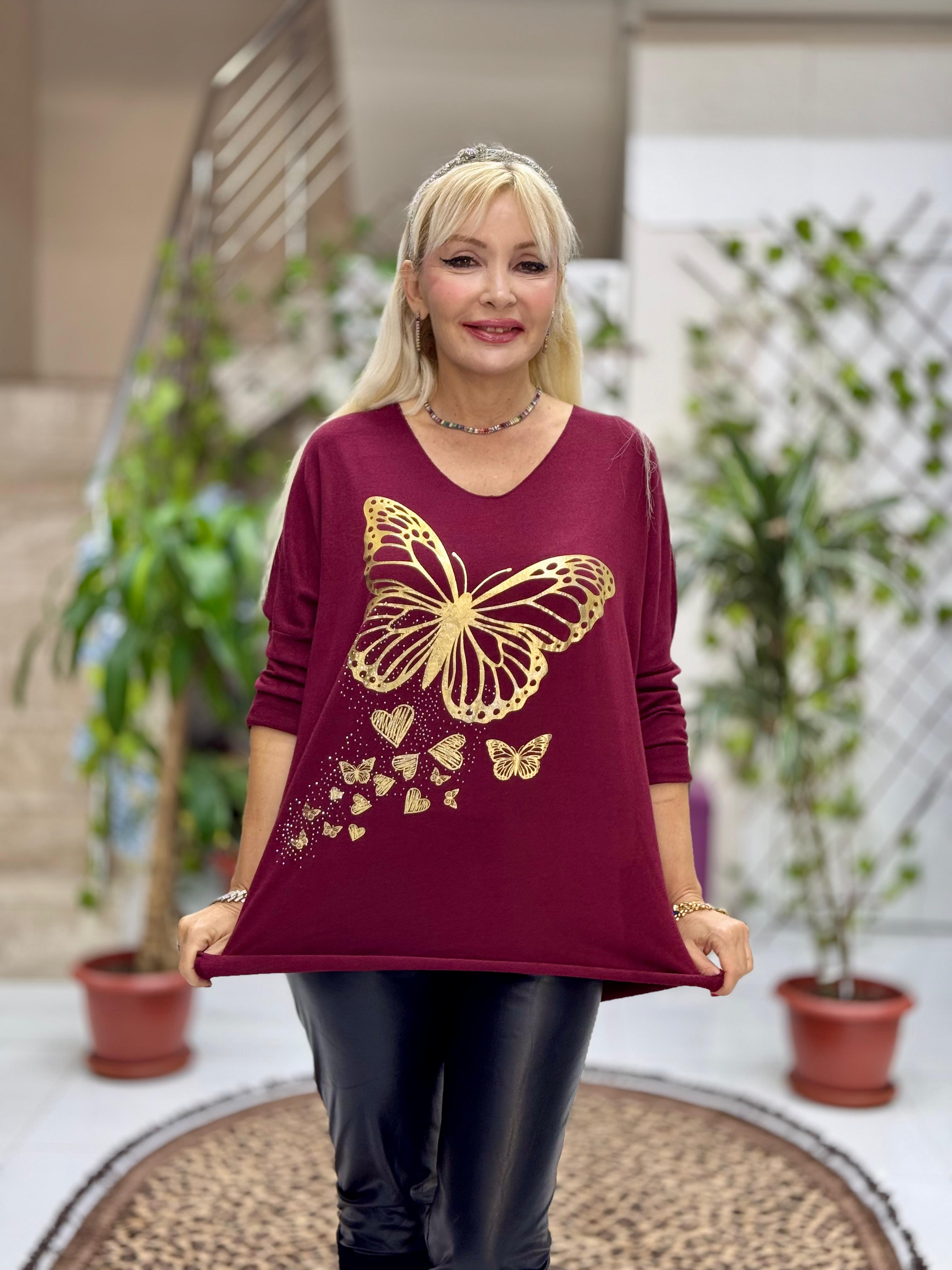 YG59100 İtalyan Taşlı ve Kelebek Baskılı Triko Bluz Bordo