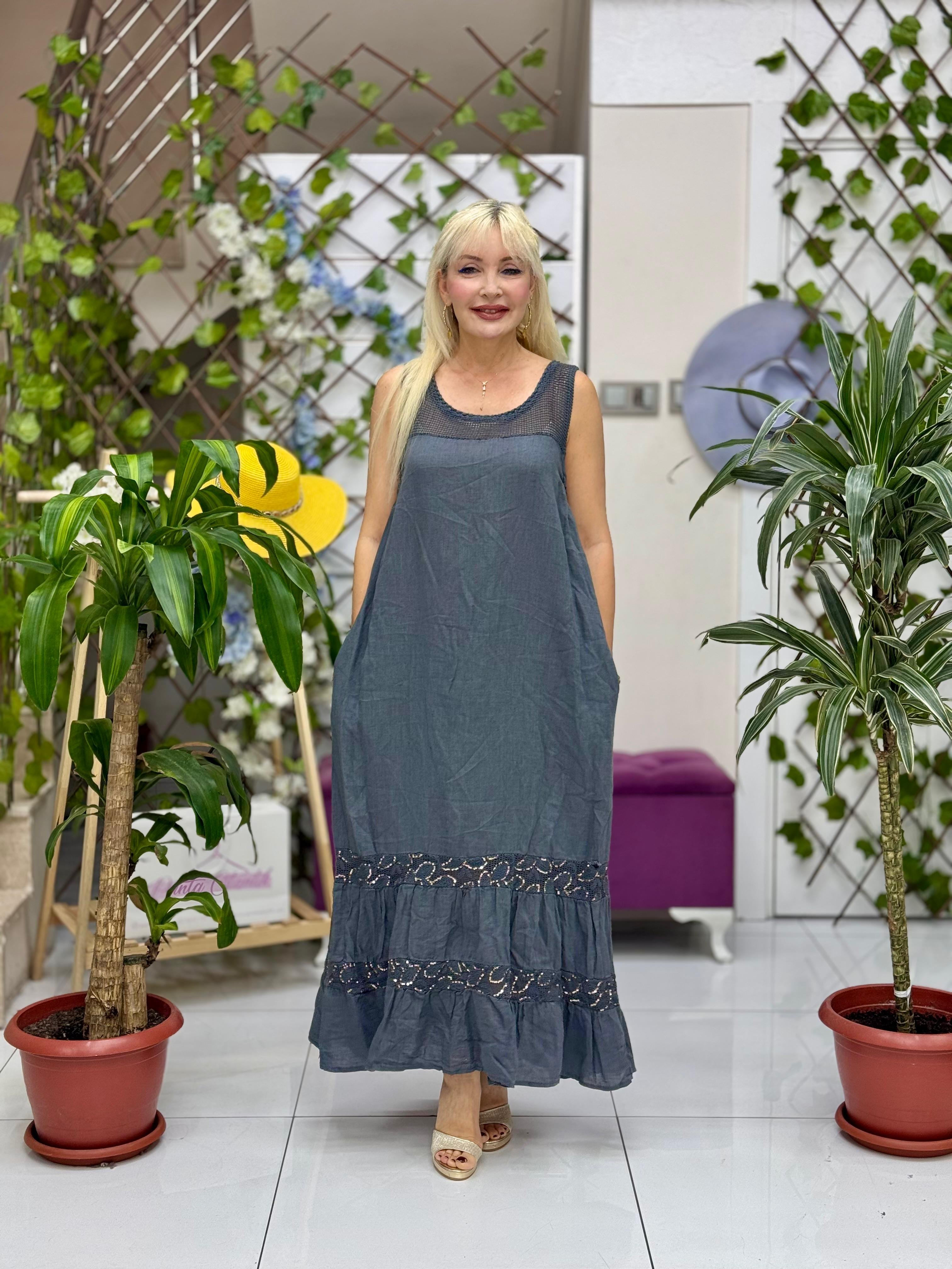 NC61340 İtalyan Fileli Askılı Keten Elbise Füme