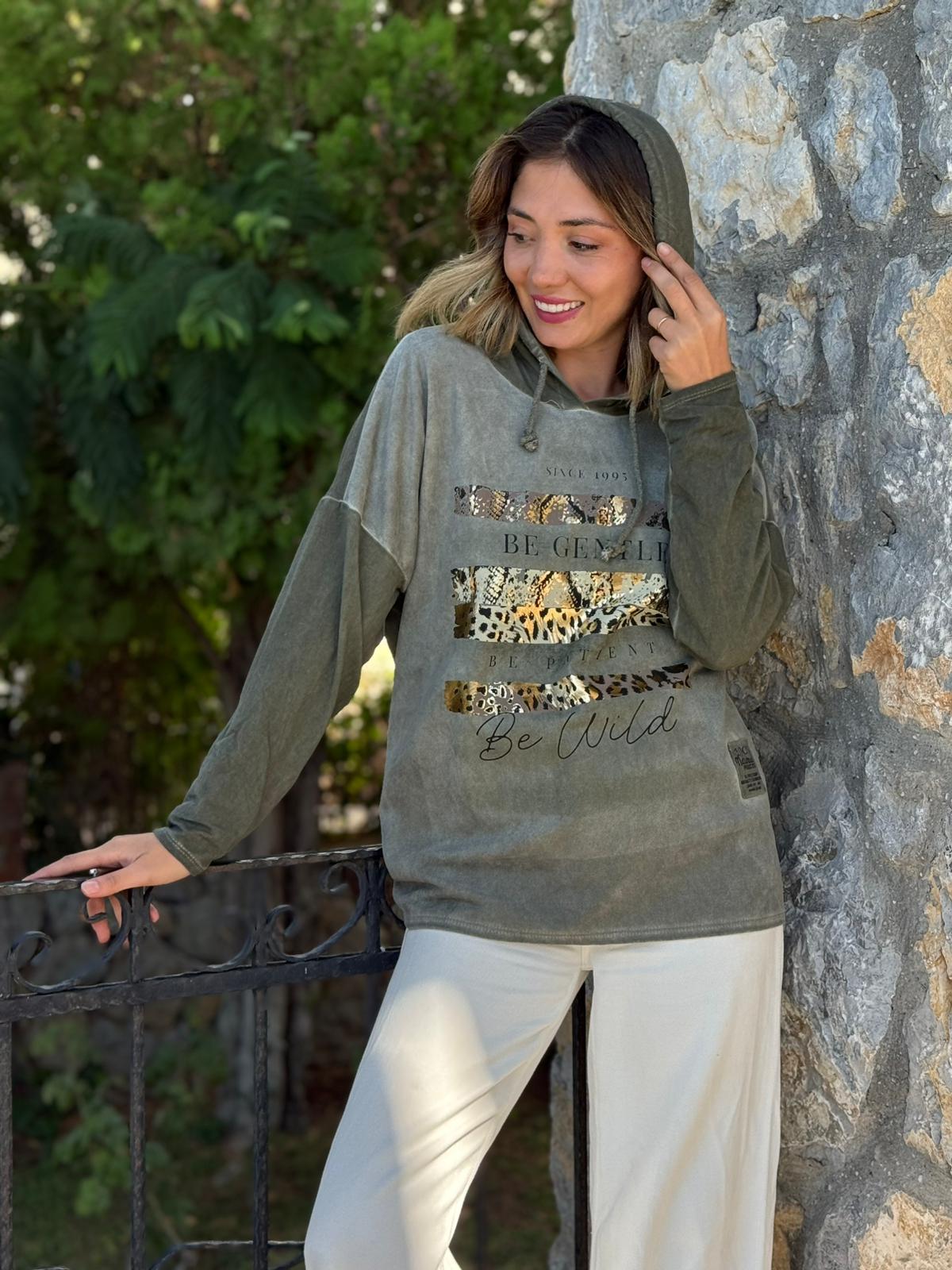 NC56152 İtalyan Leopar Baskılı Kapüşonlu Sweatshirt Haki