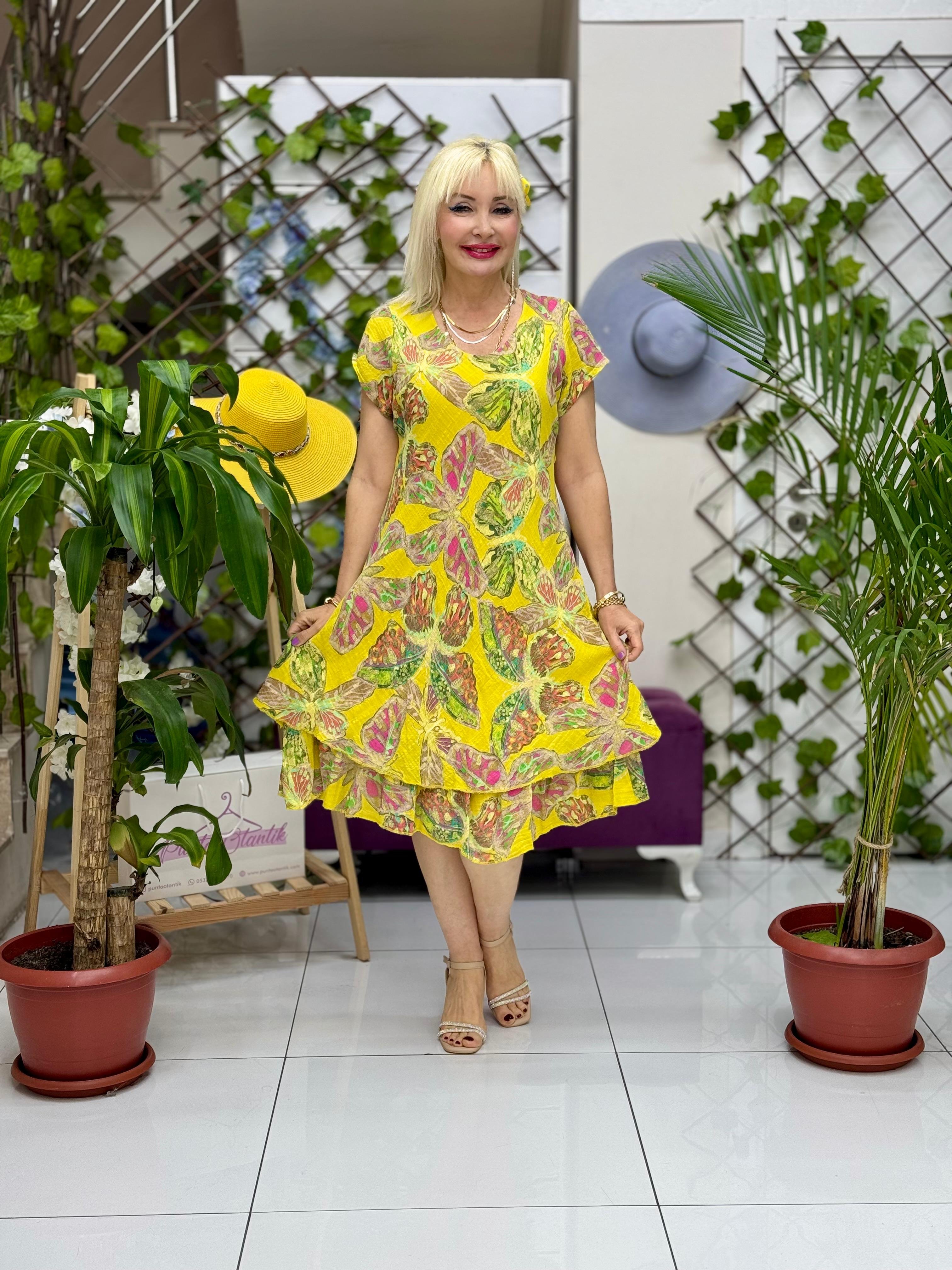 N5012-26 Vestido Italiano Manga Corta Algodón Lino Azul
