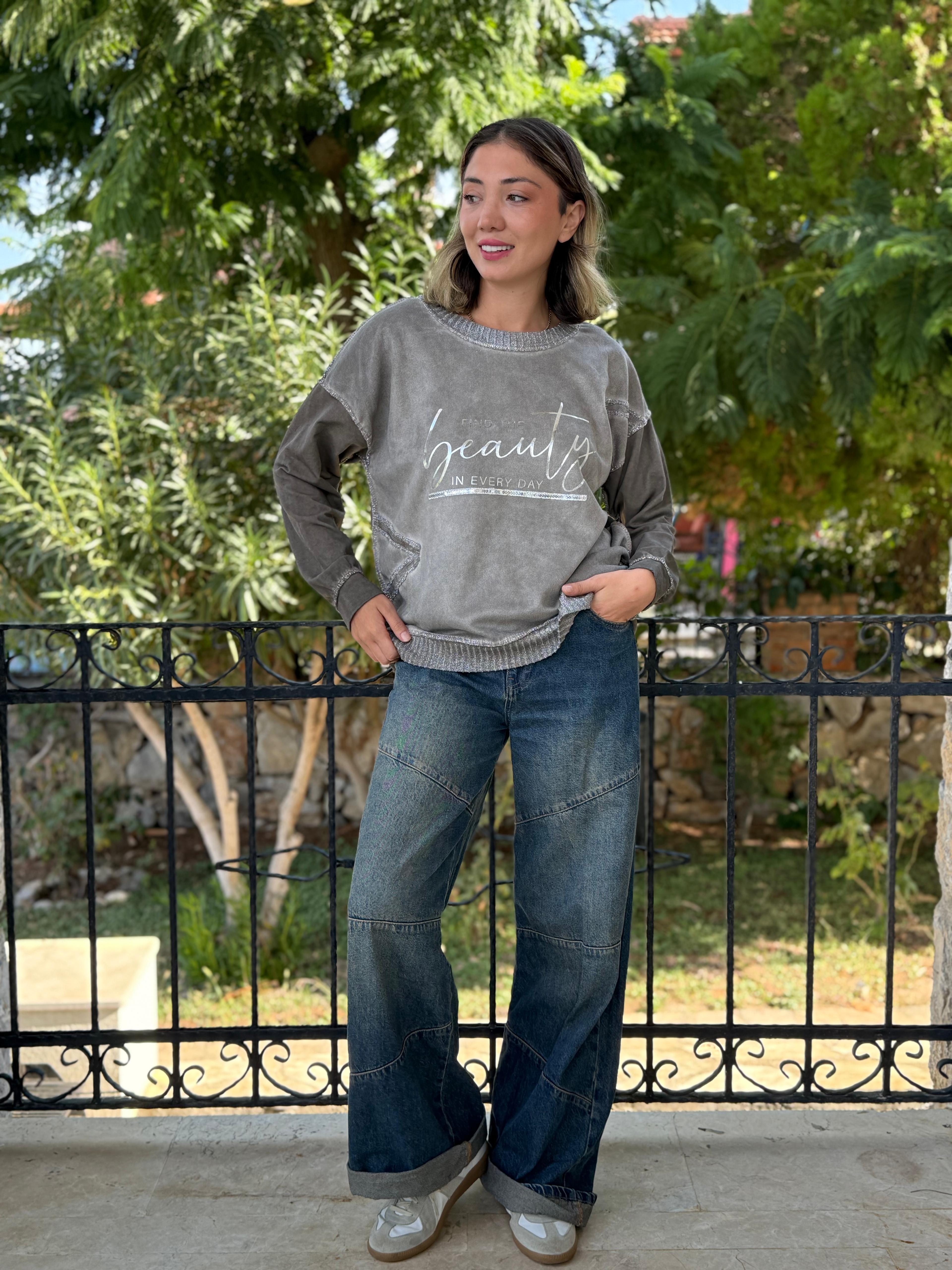 NC50793 İtalyan Beauty Yazılı Coton Sweatshirt Vizon