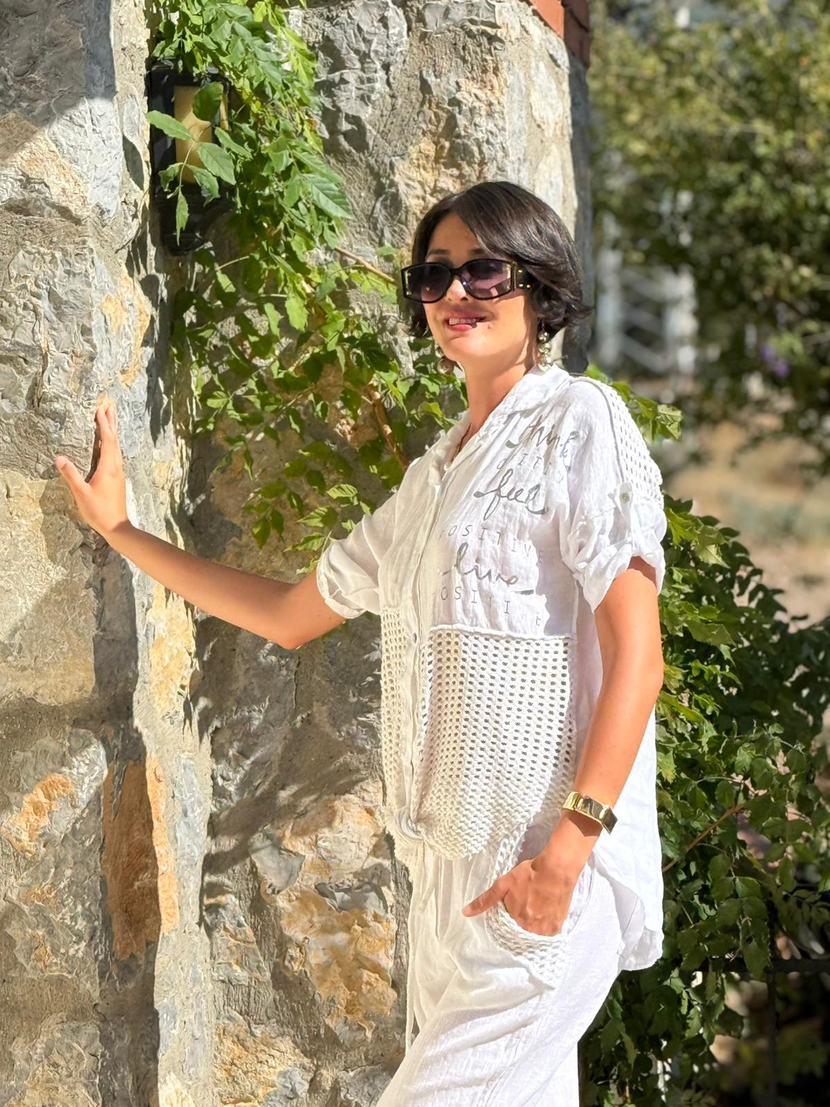 NC55557 İtalyan Ön Arka File Erkek Yaka Keten Takım Beyaz