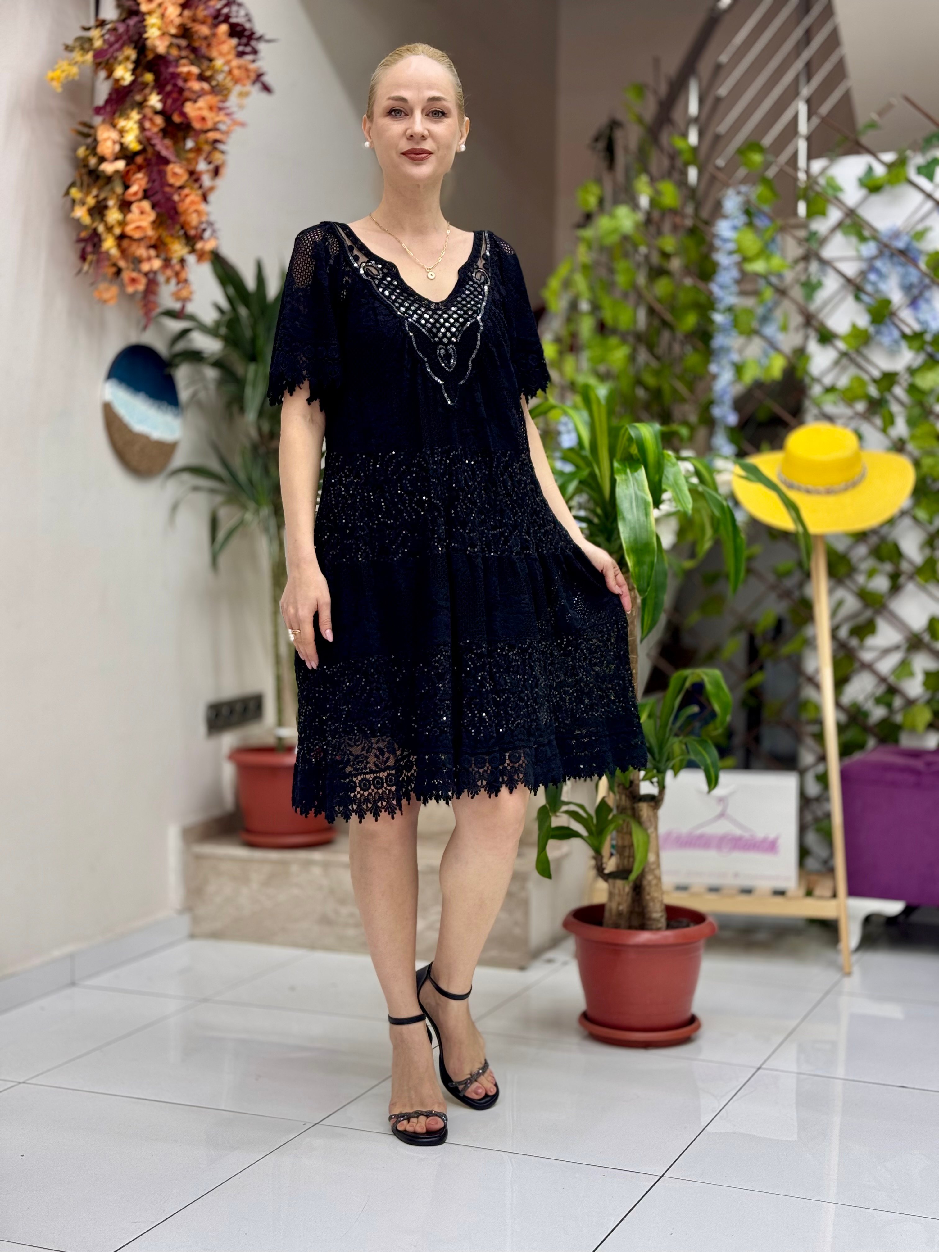 NC10813 İtalyan Pul Payetli Coton Elbise Siyah