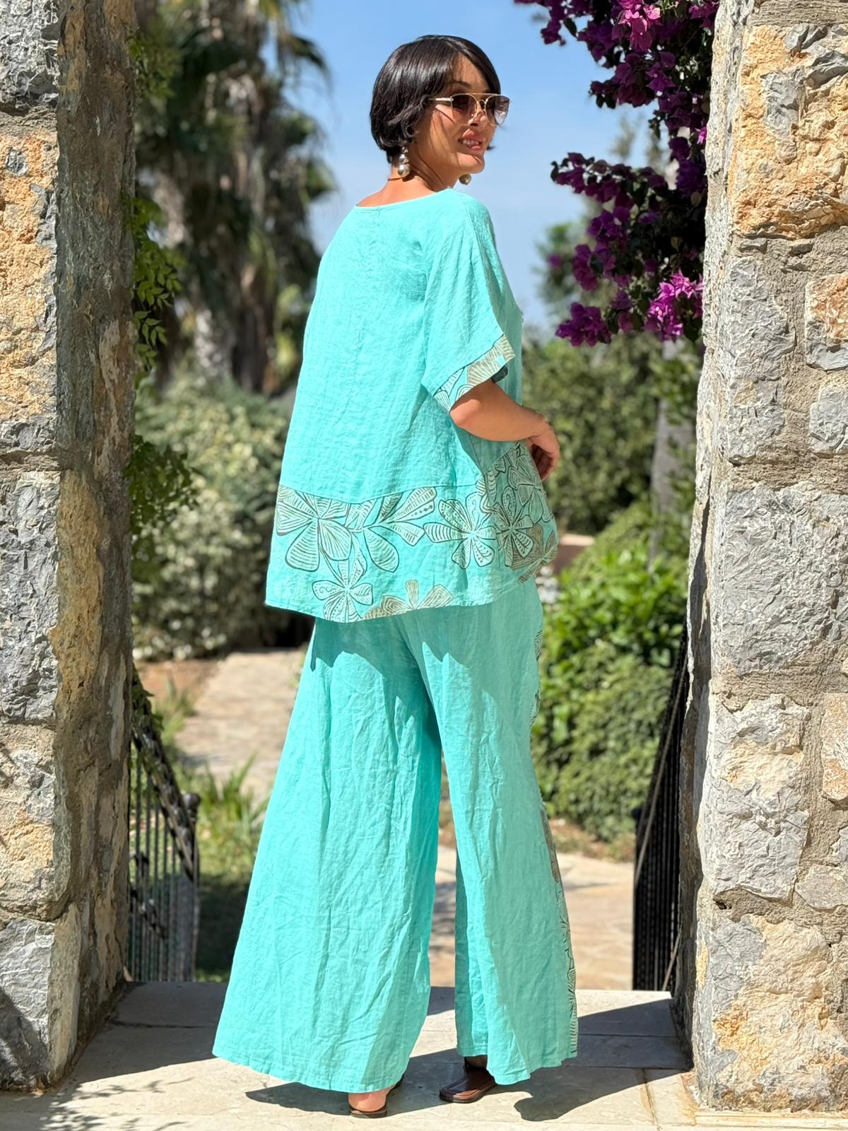 NC61253 İtalyan Çiçek Baskılı Keten Takım Mint