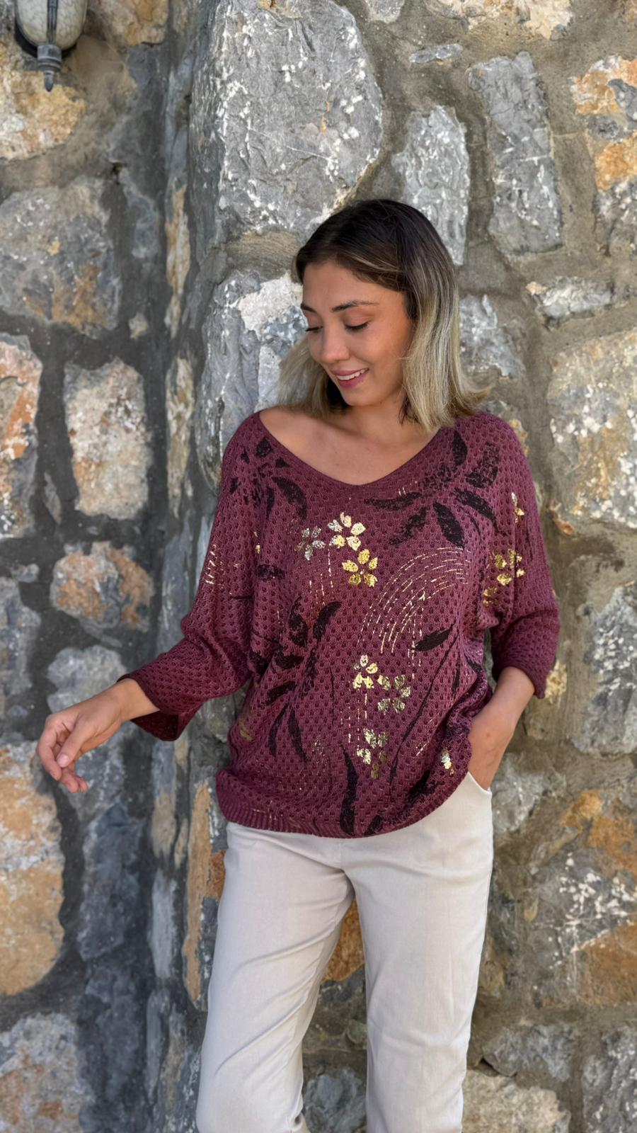 LS7514 İtalyan Yaprak Desen Triko Bluz Vişne