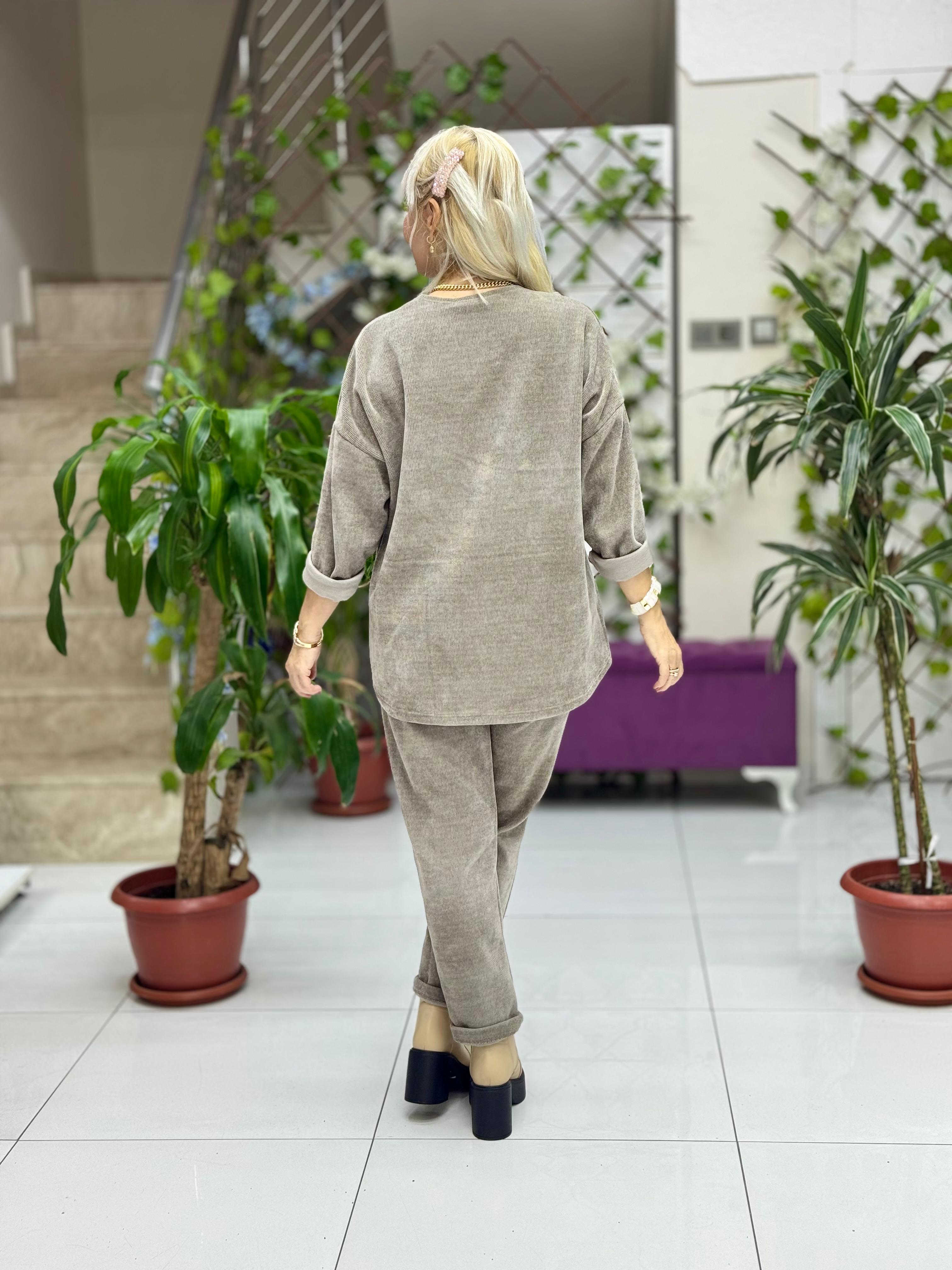 NC24155 Leopar Baskılı İtalyan Kadife Takım Vizon