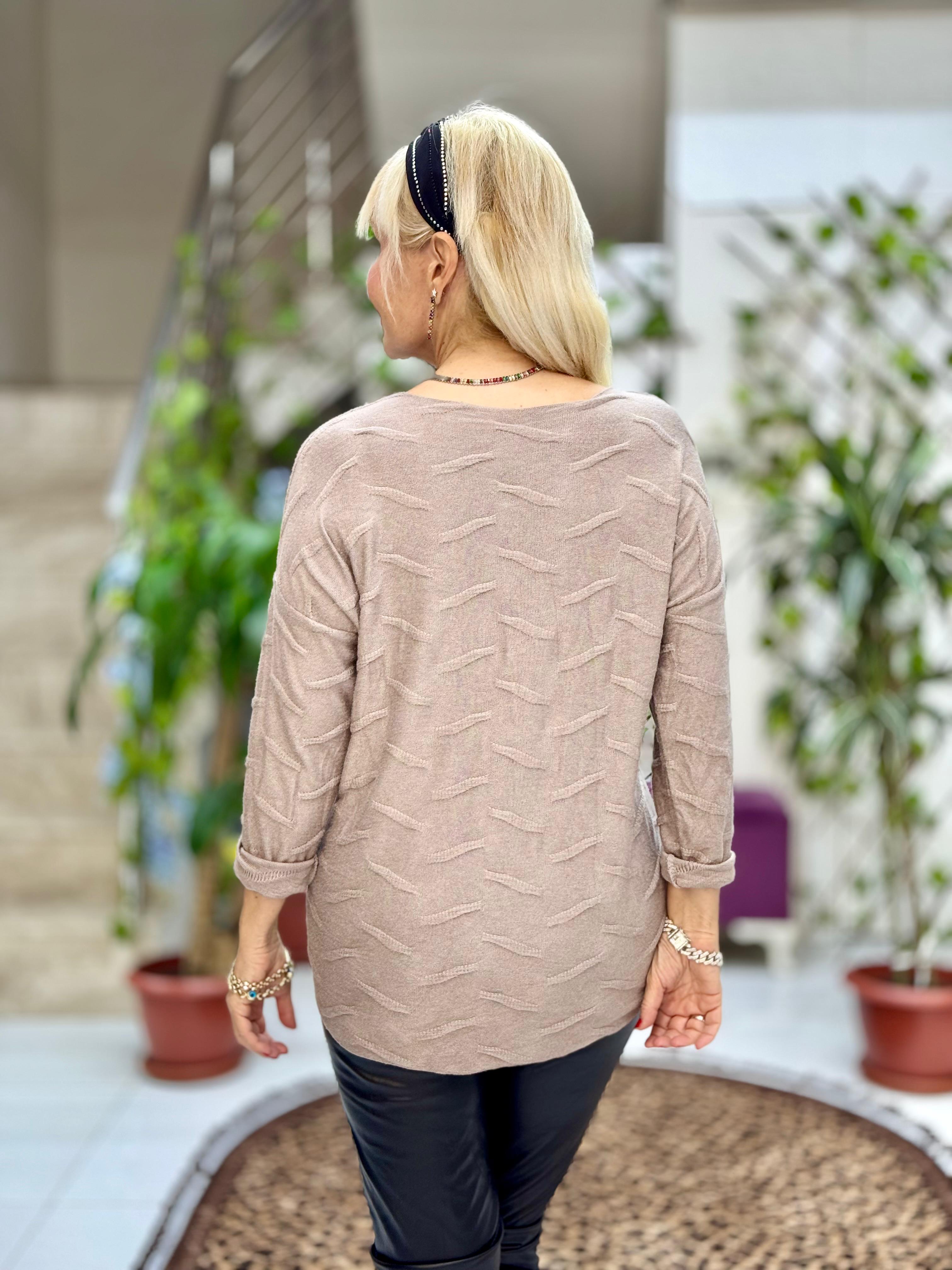 YG11716 Leopar Baskılı Kendinden Desenli İtalyan Triko Bluz Vizon