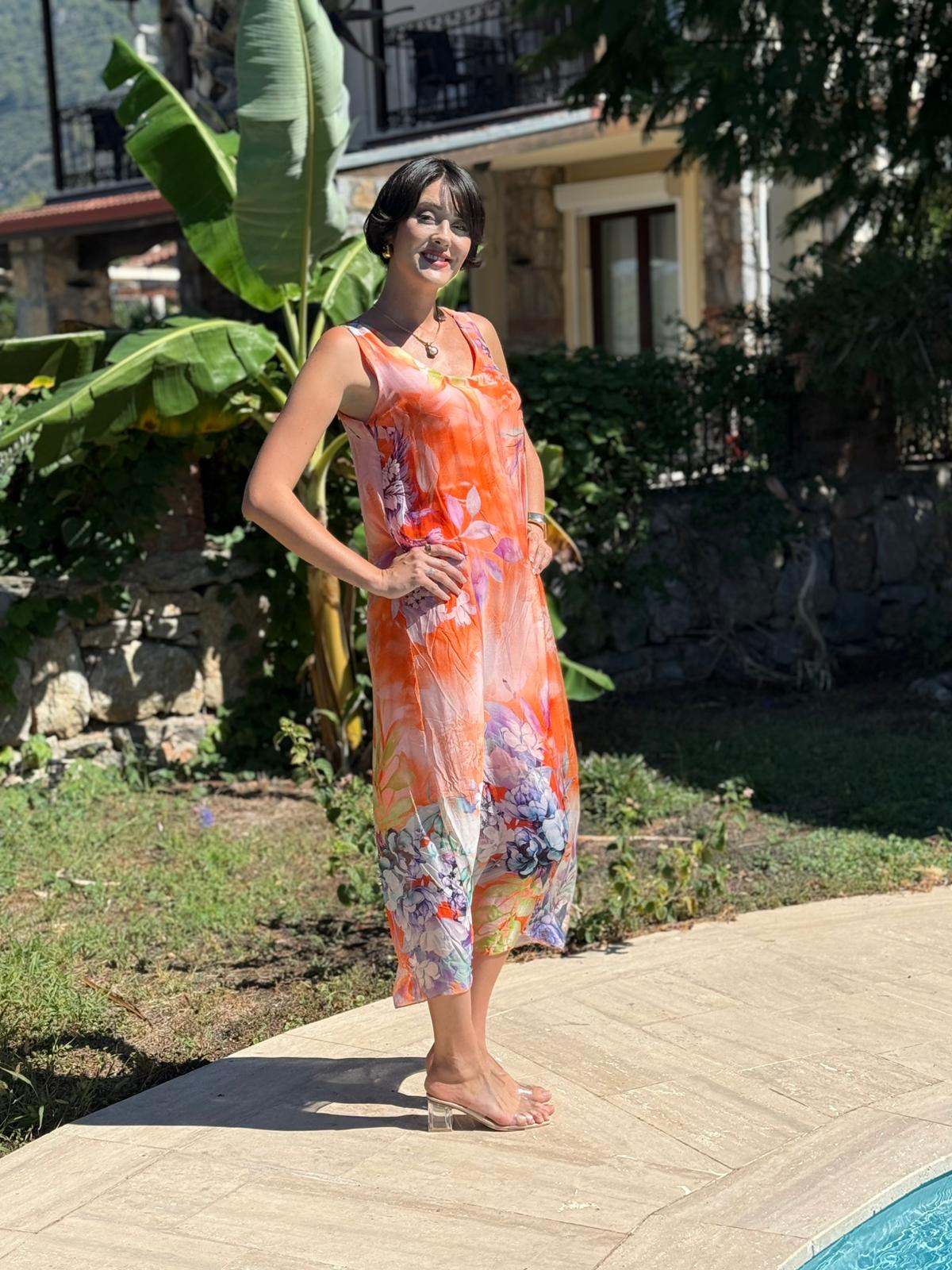 YG20641 İtalyan Çiçekli Askılı İpek Elbise Oranj