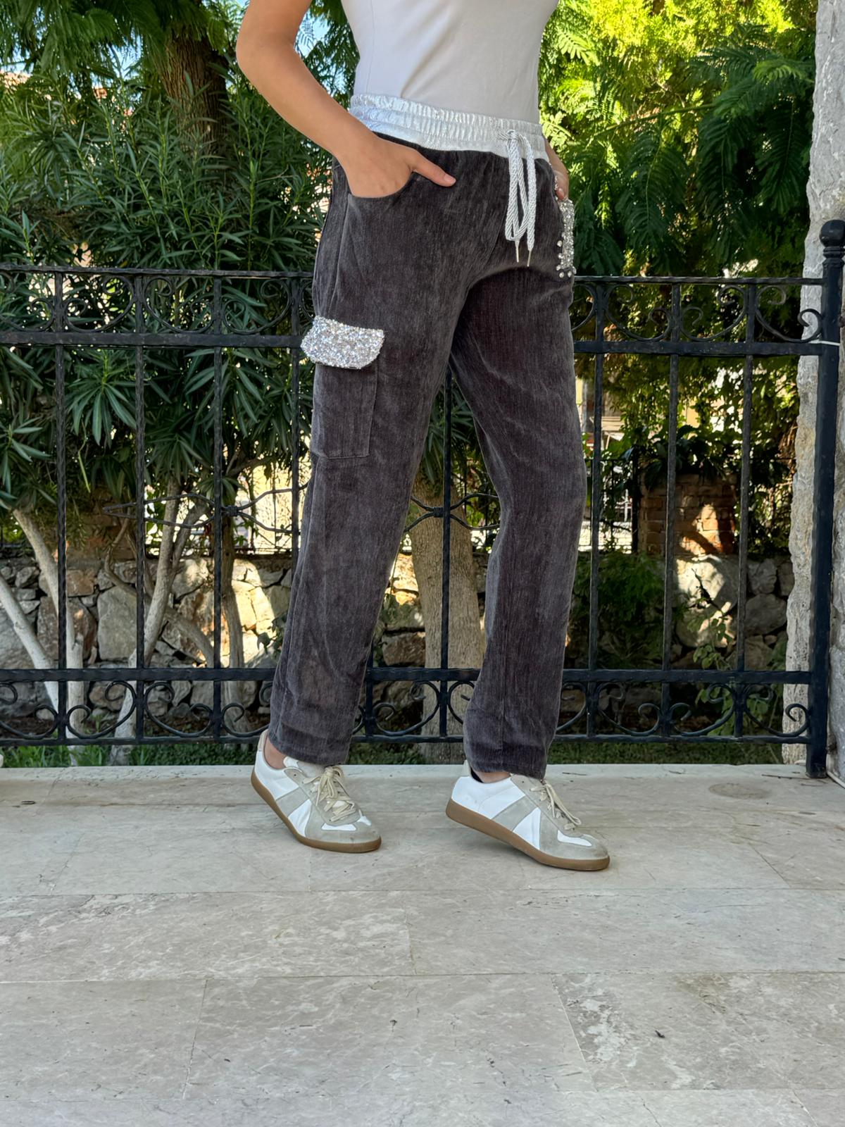 LS13220 İtalyan Cebi Taşlı Kadife Pantolon Füme