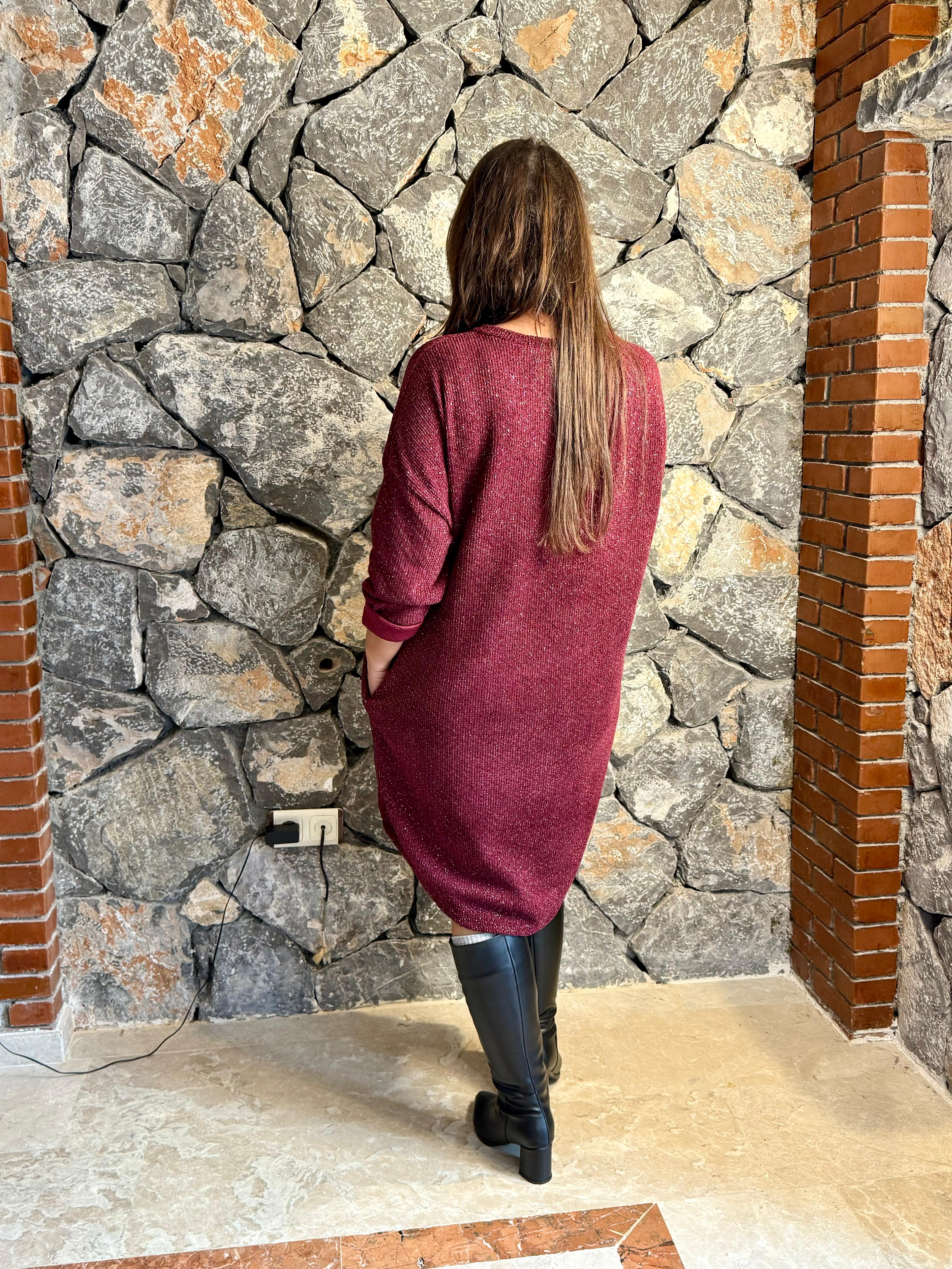 NC25158 Simit Yaka Kolyeli Simli İtalyan Kadife Elbise Vişne