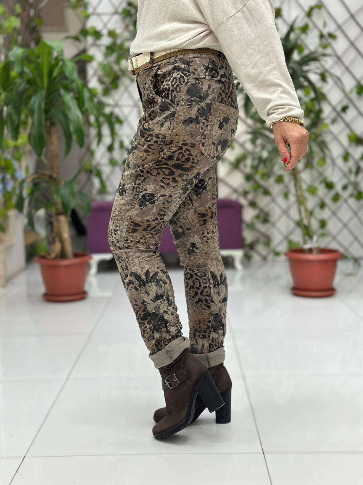 NC21980 italyan Likralı Çiçek ve Leopar desenli Pantolon Vizon