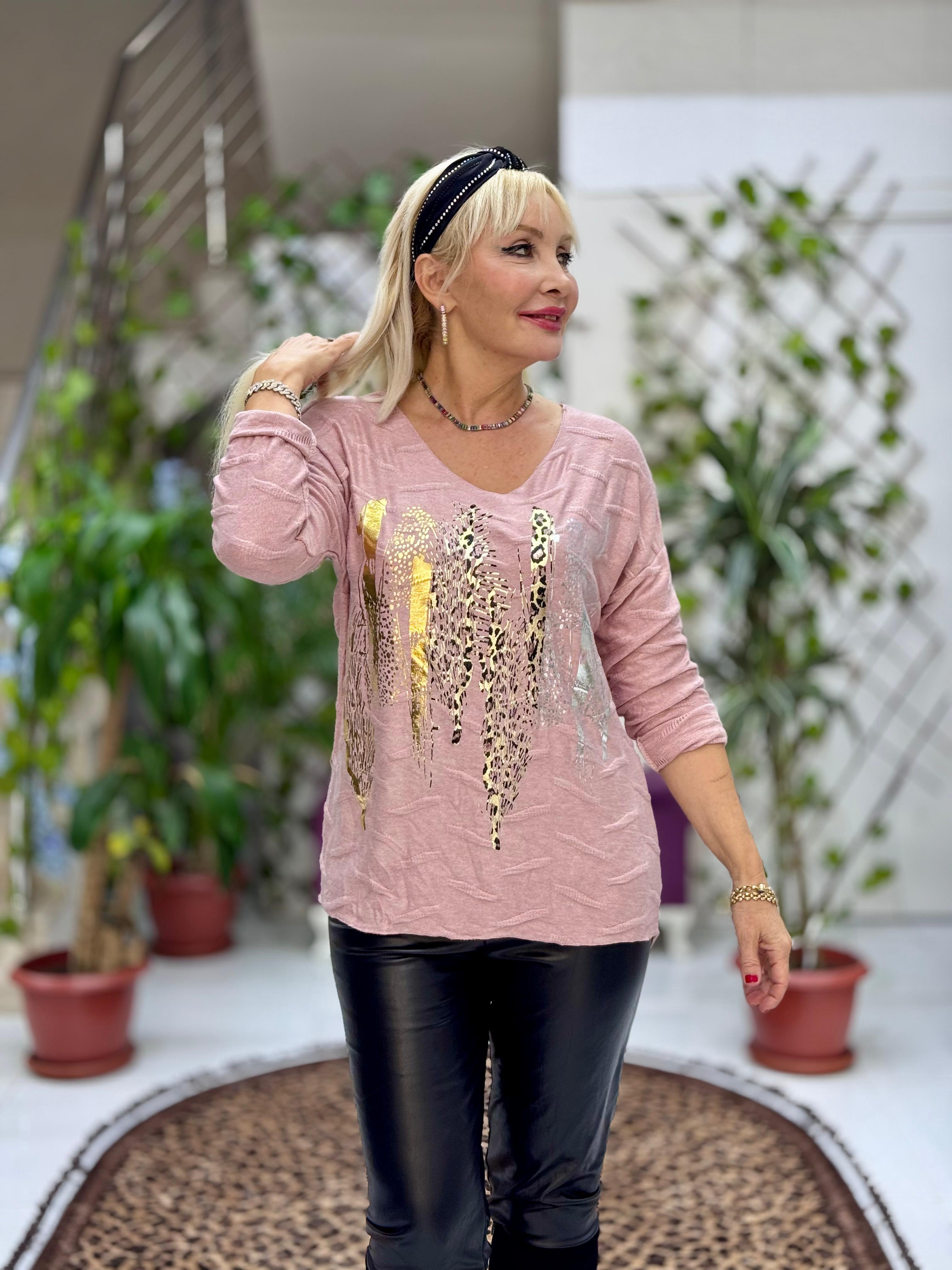 YG11716 Leopar Baskılı Kendinden Desenli İtalyan Triko Bluz Pudra