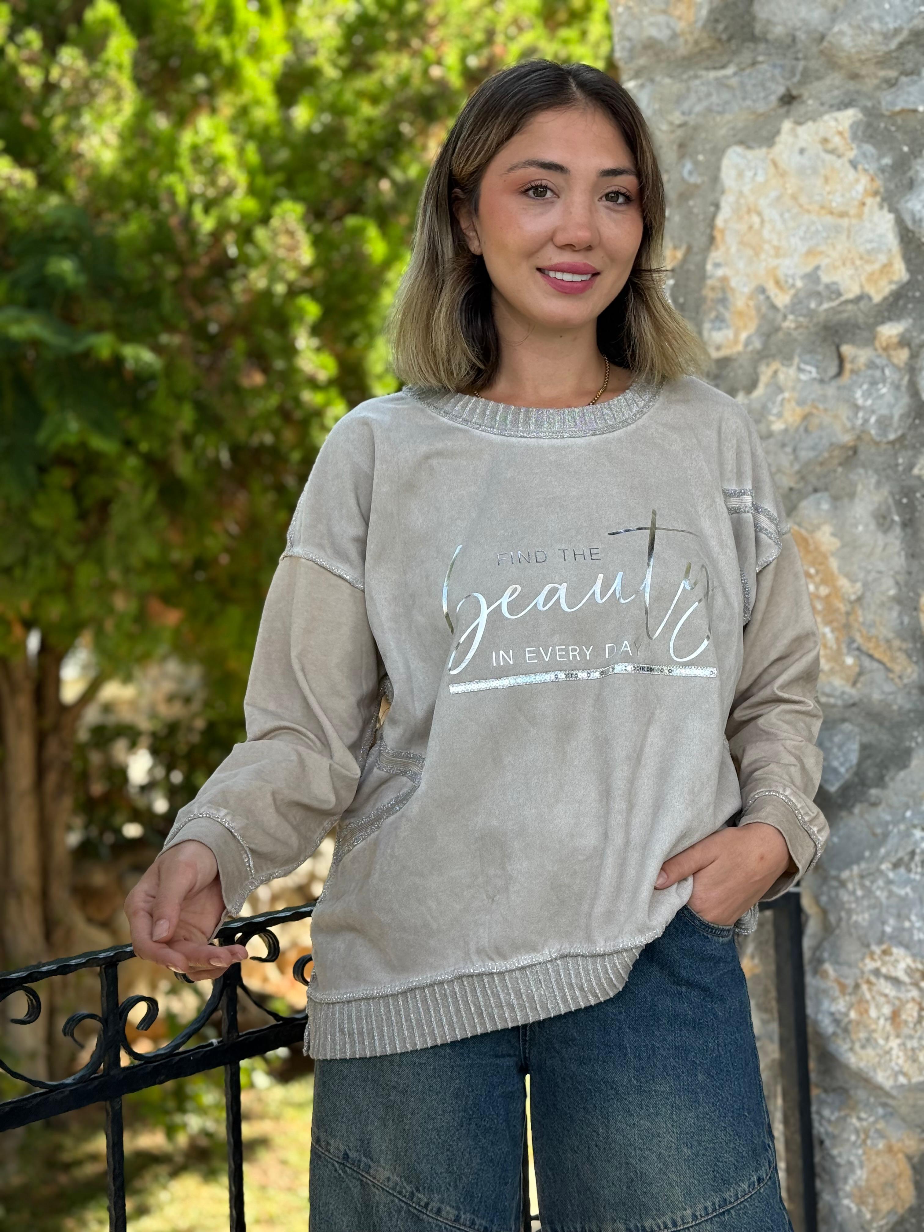 NC50793 İtalyan Beauty Yazılı Coton Sweatshirt Krem