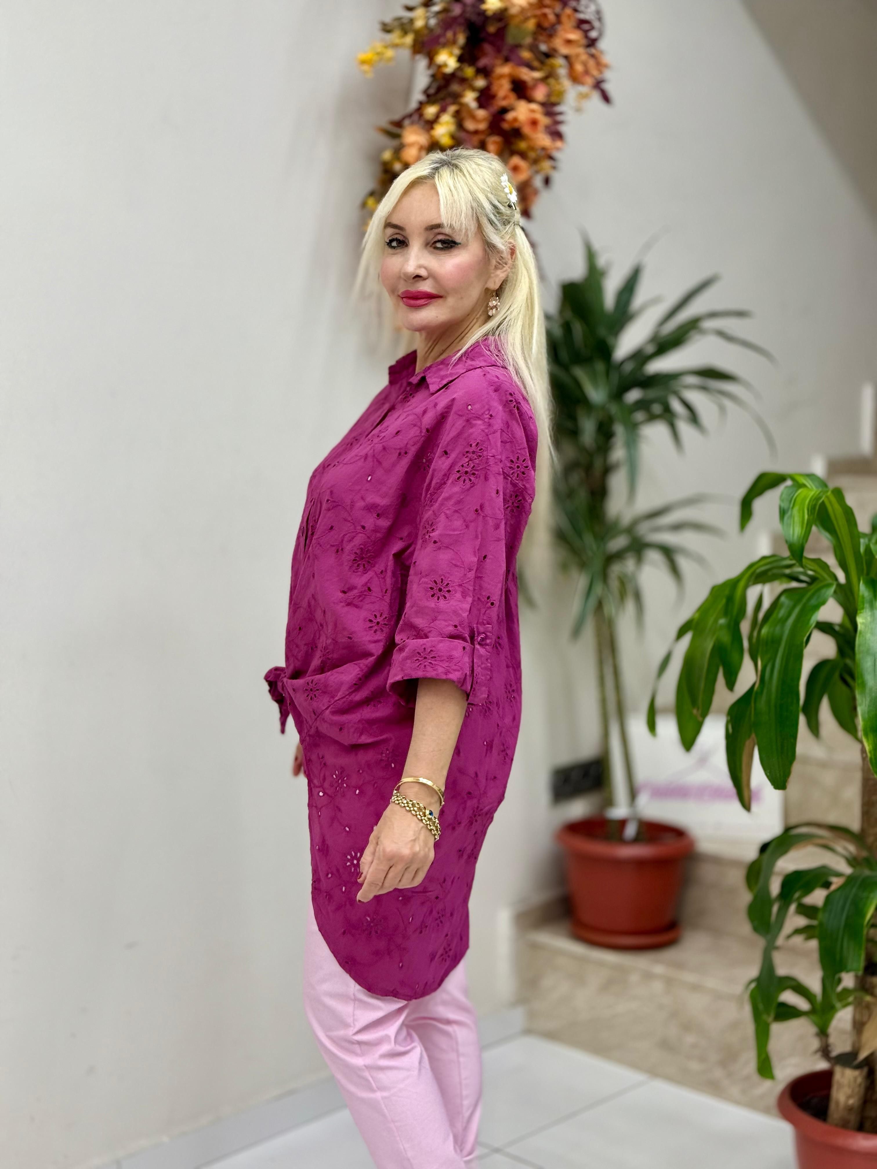 YG1360 İtalyan Brodeli Tunik Gömlek Vişne