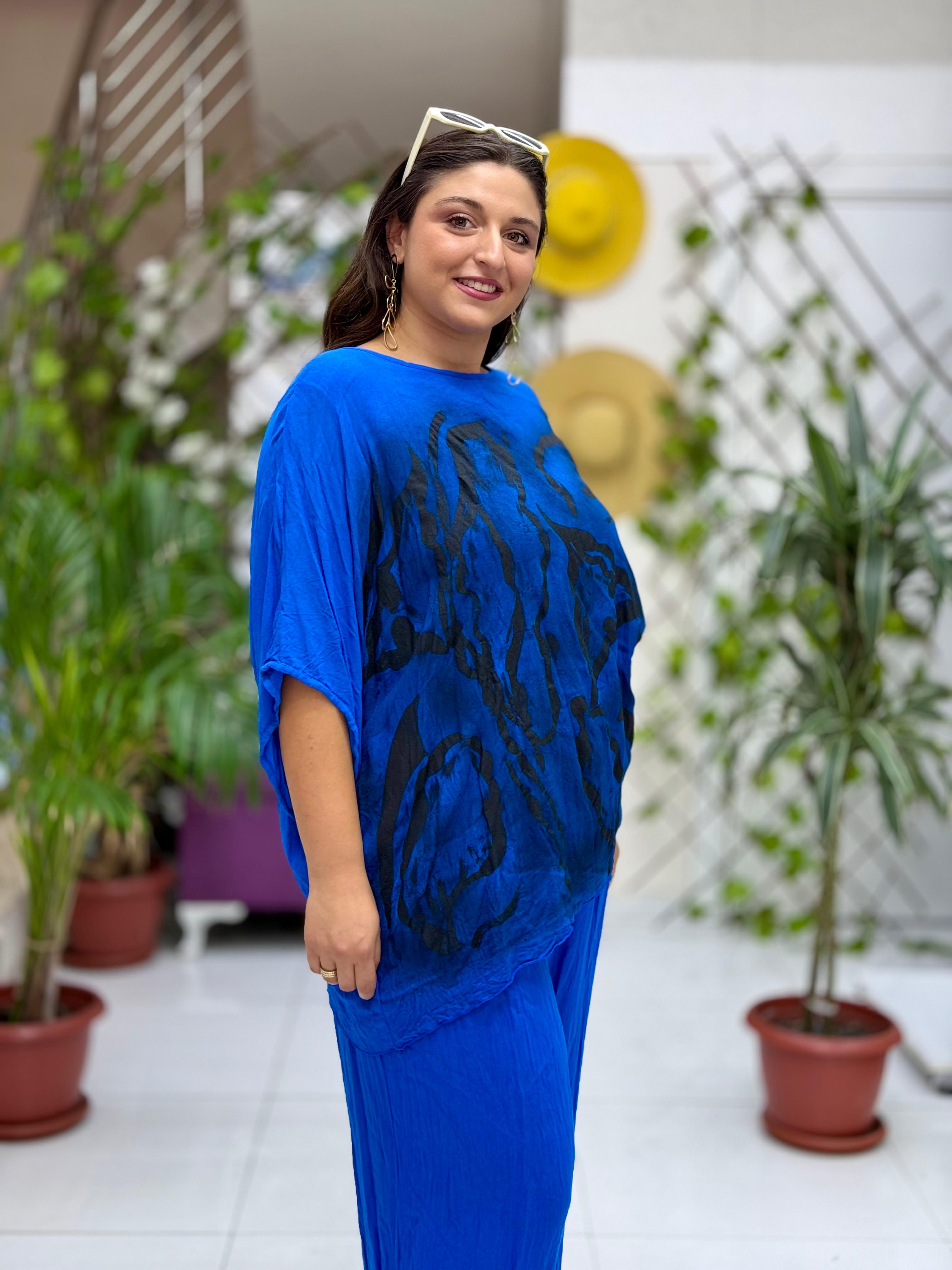 VL3009 Yarasa Kol Baskılı Vual Bluz Saks