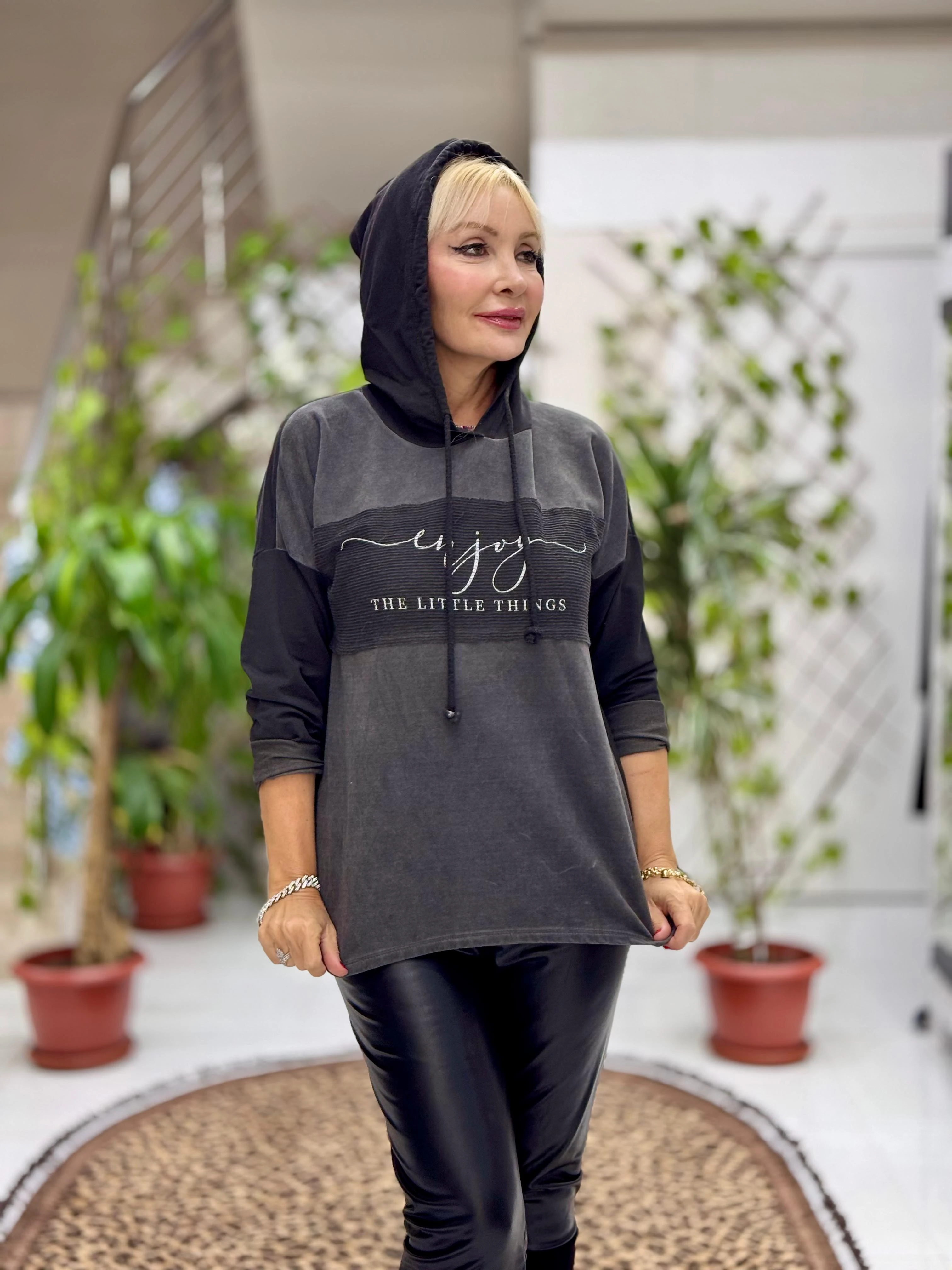 NC56868 İtalyan Enjoy Yazılı Kapüşonlu Coton Sweatshirt Siyah