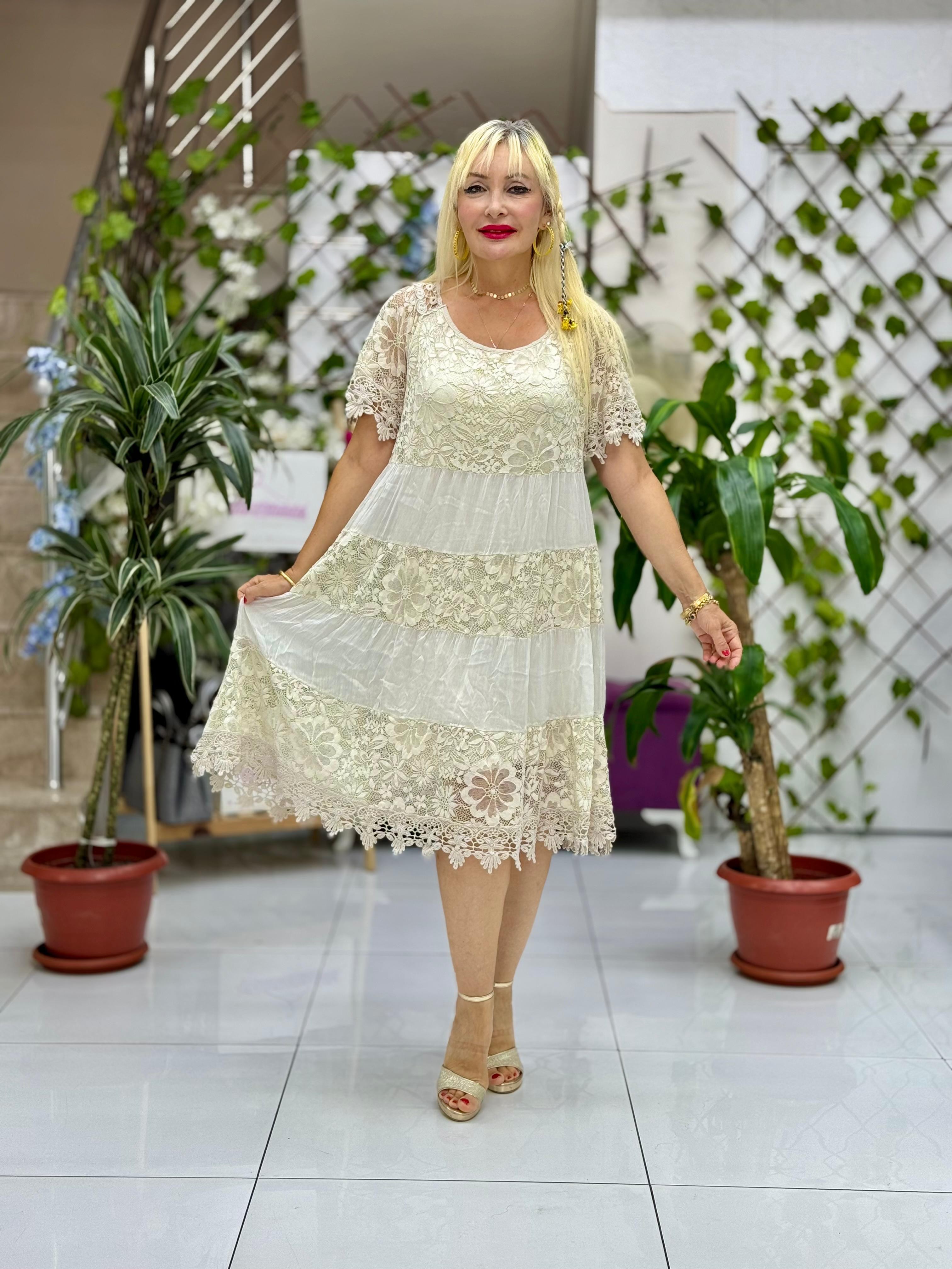 N10337 İtalyan İpek Elbise Bej