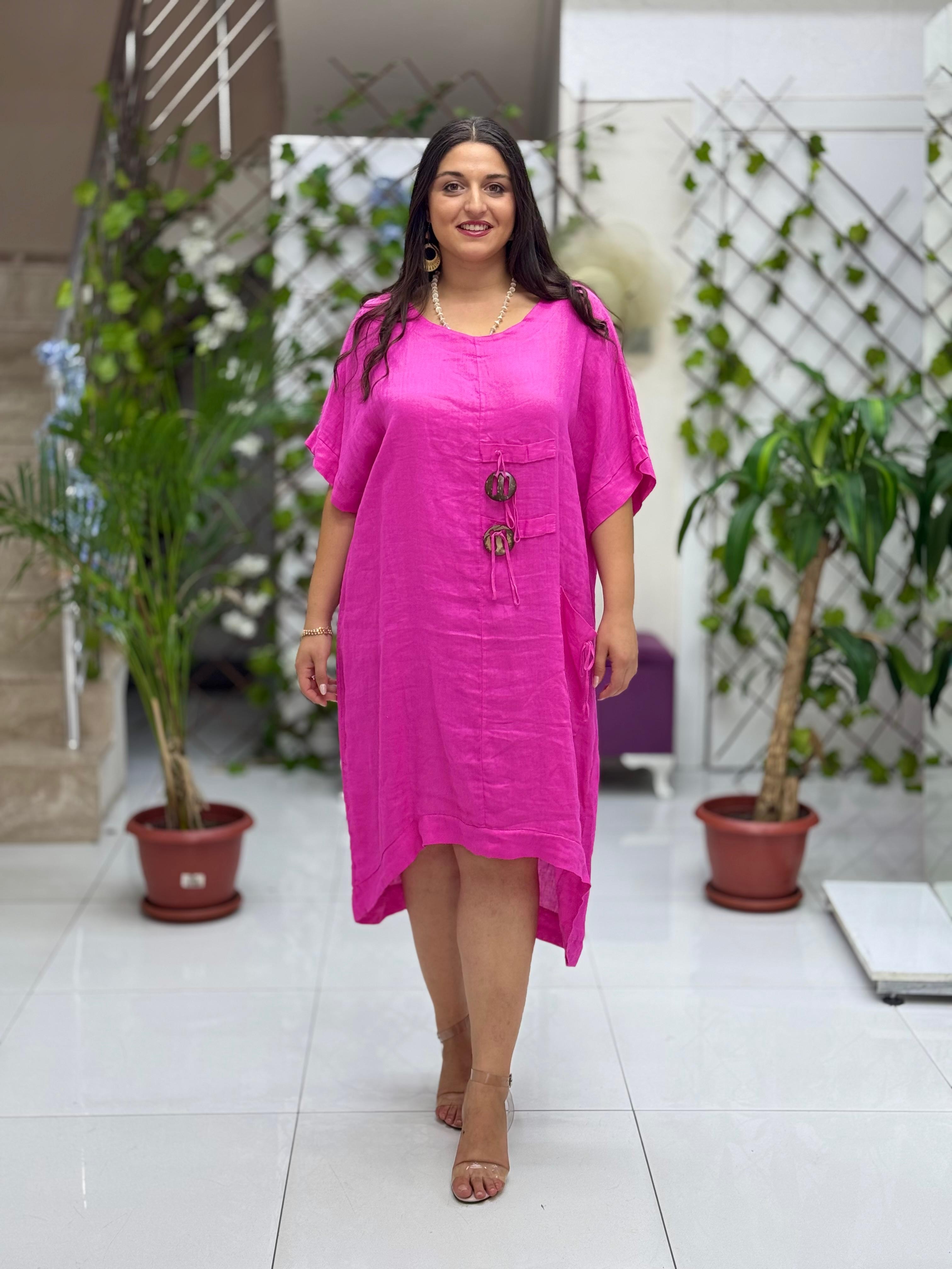 N231344 İtalyan Keten Elbise Pembe