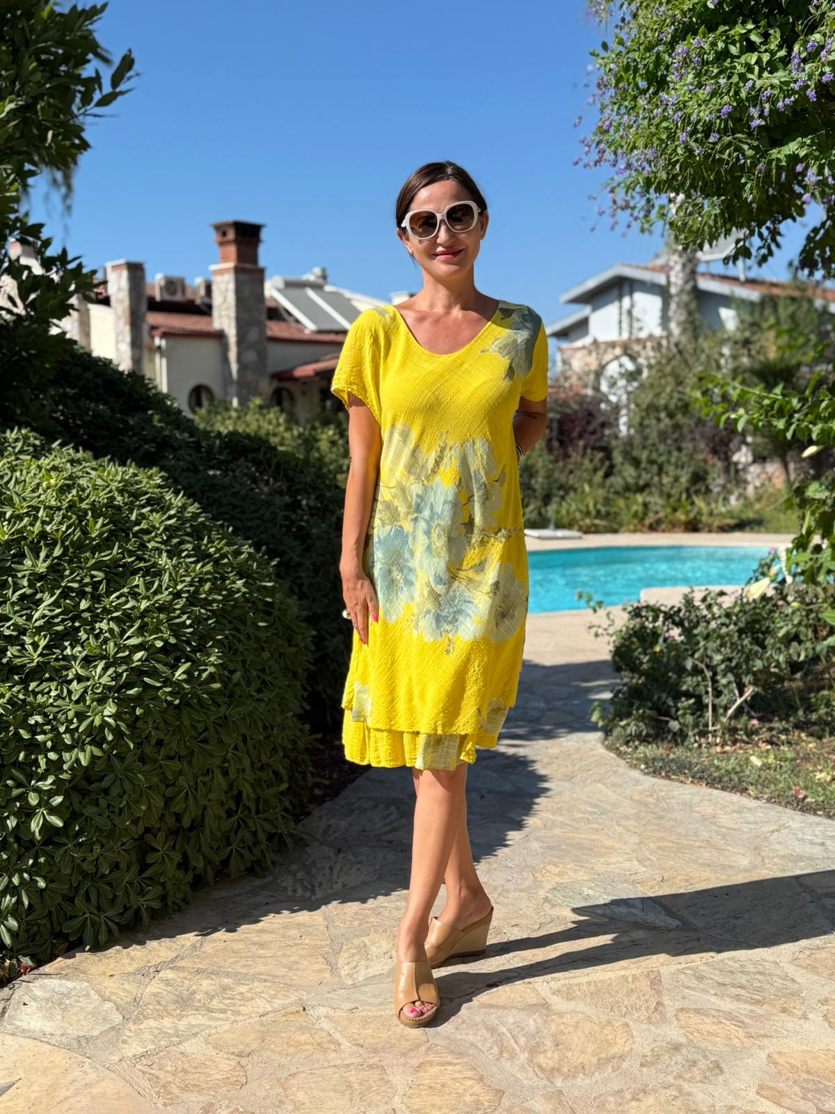 NC50121 İtalyan Kısa Kol Pamuk Keten Elbise Sarı