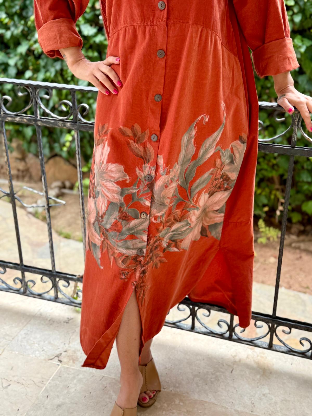 YG10974 Çiçek Baskılı İtalyan Kadife Gömlek Elbise Kiremit