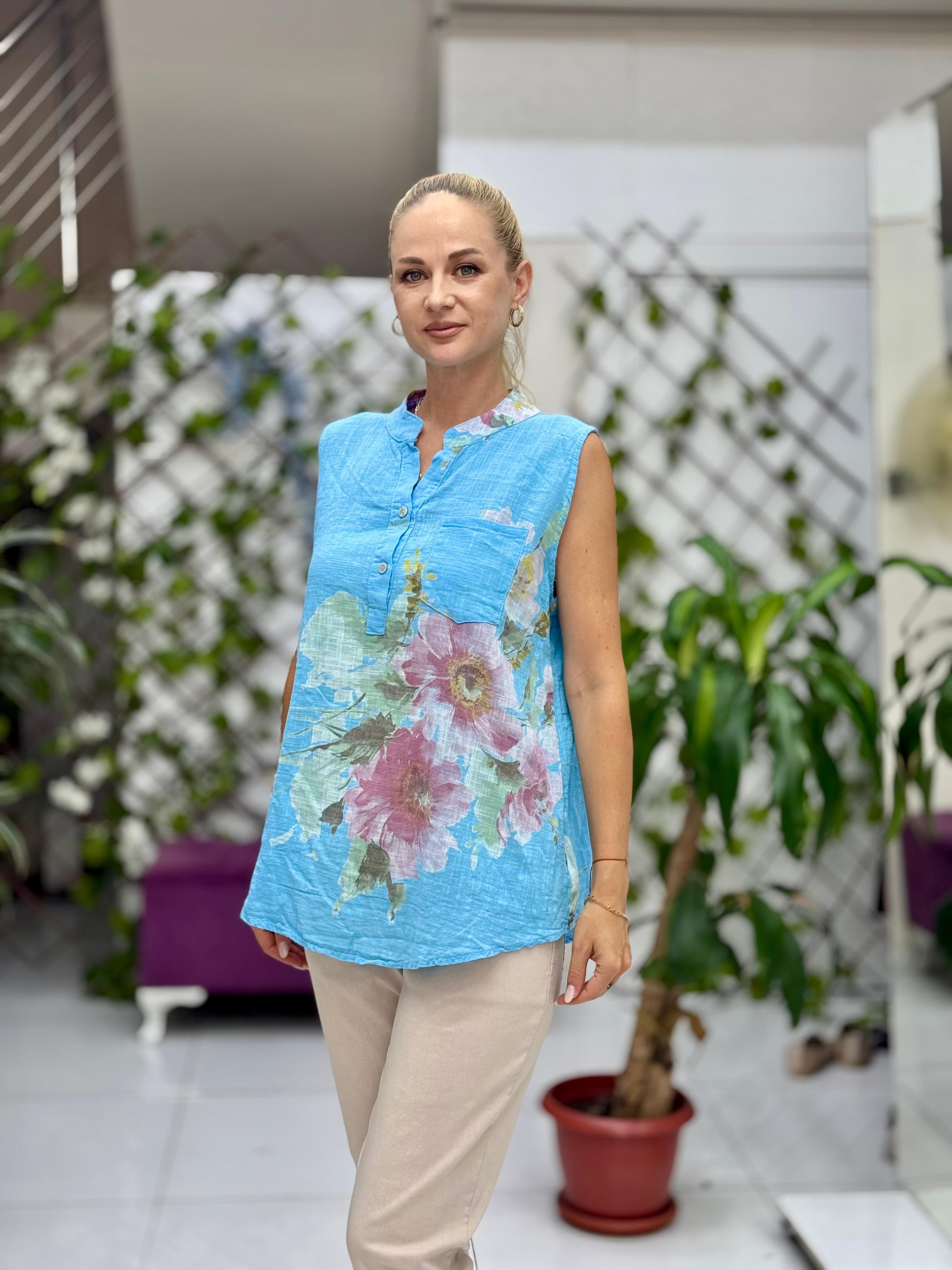 LS8819A Kolsuz Pamukketen Cepli İtalyan Bluz Mavi