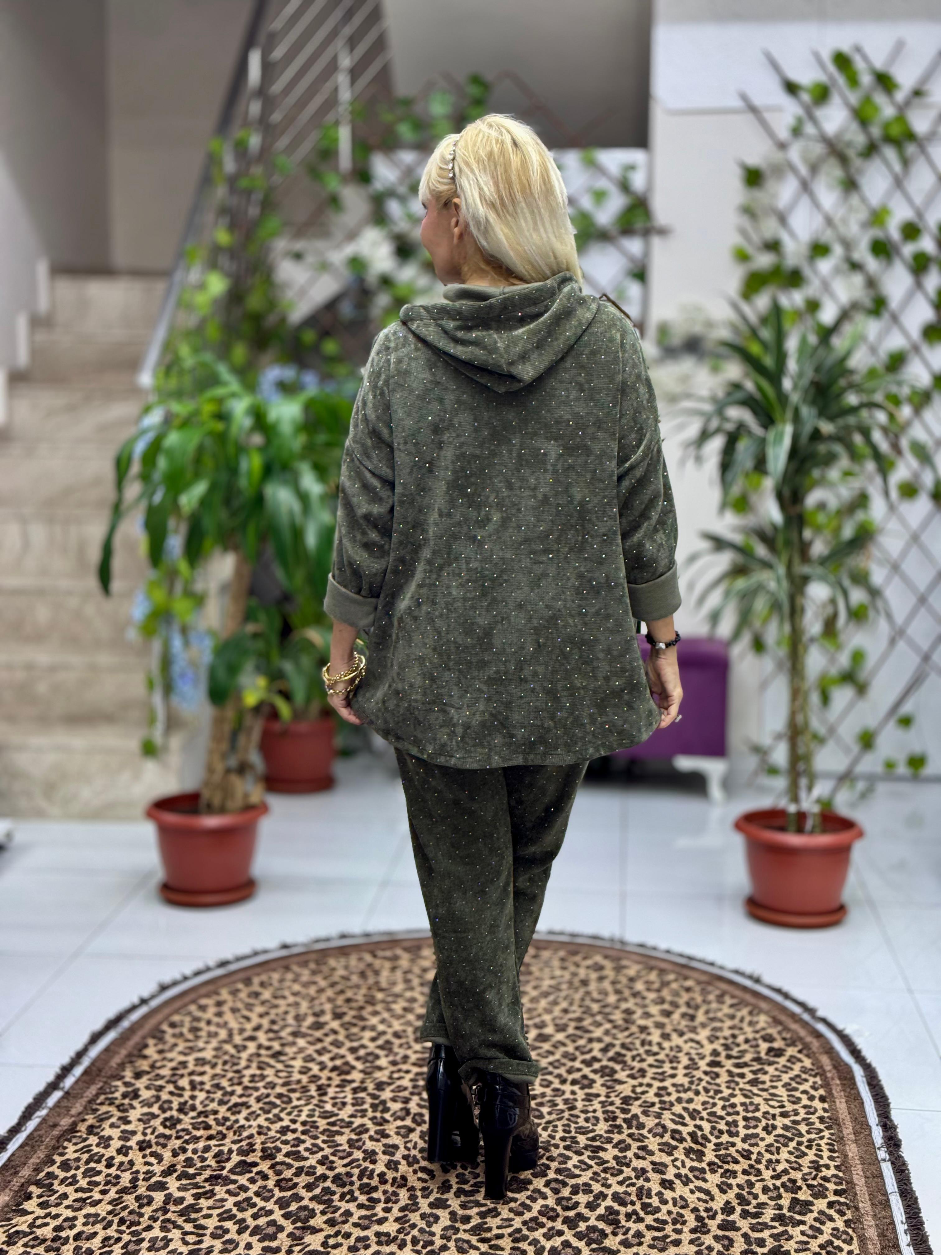 NC25195 Fermuarlı Kapüşonlu Taşlı İtalyan Kadife Takım Haki