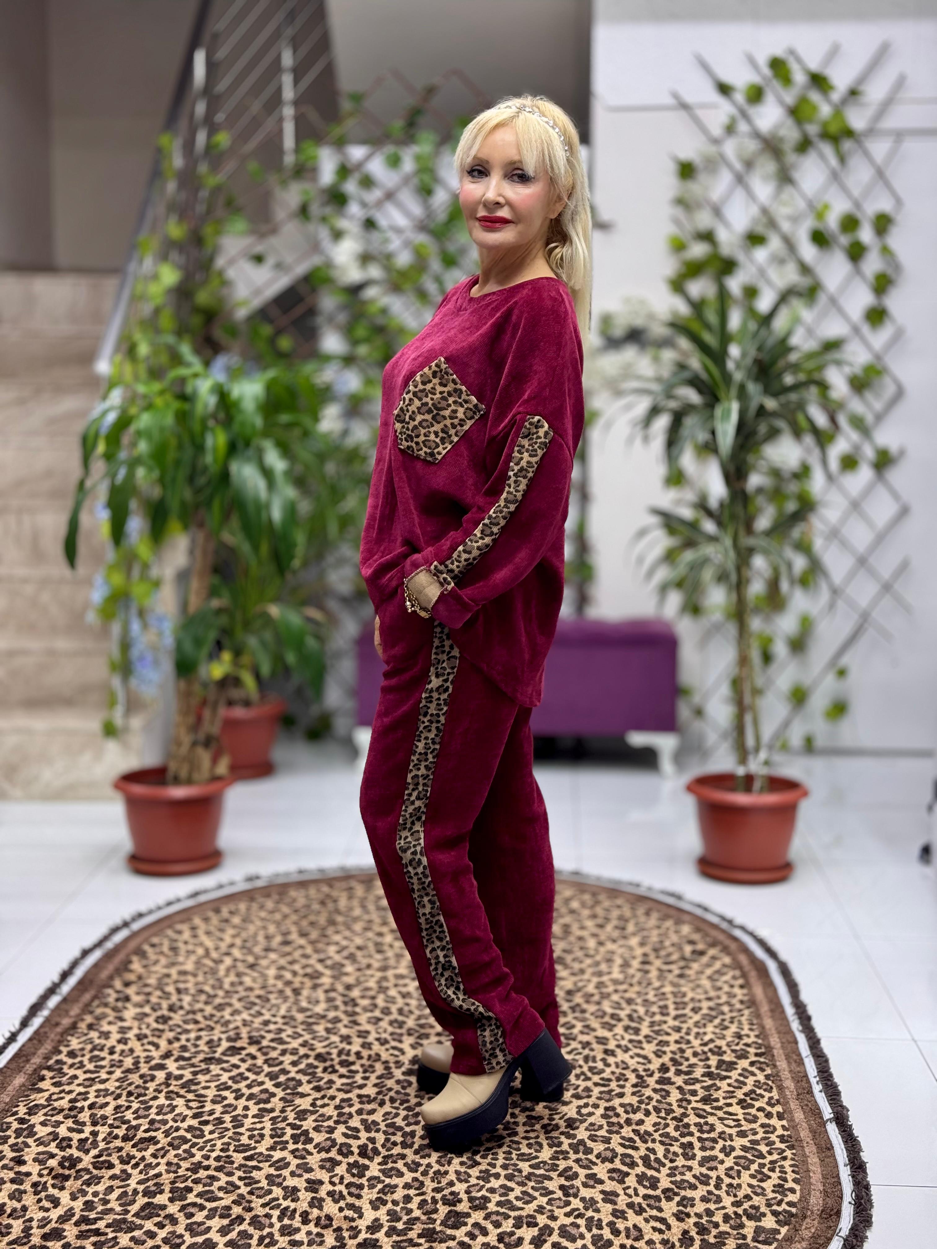 NC25183 Leopar Desenli Cep Detaylı İtalyan Kadife Takım Bordo