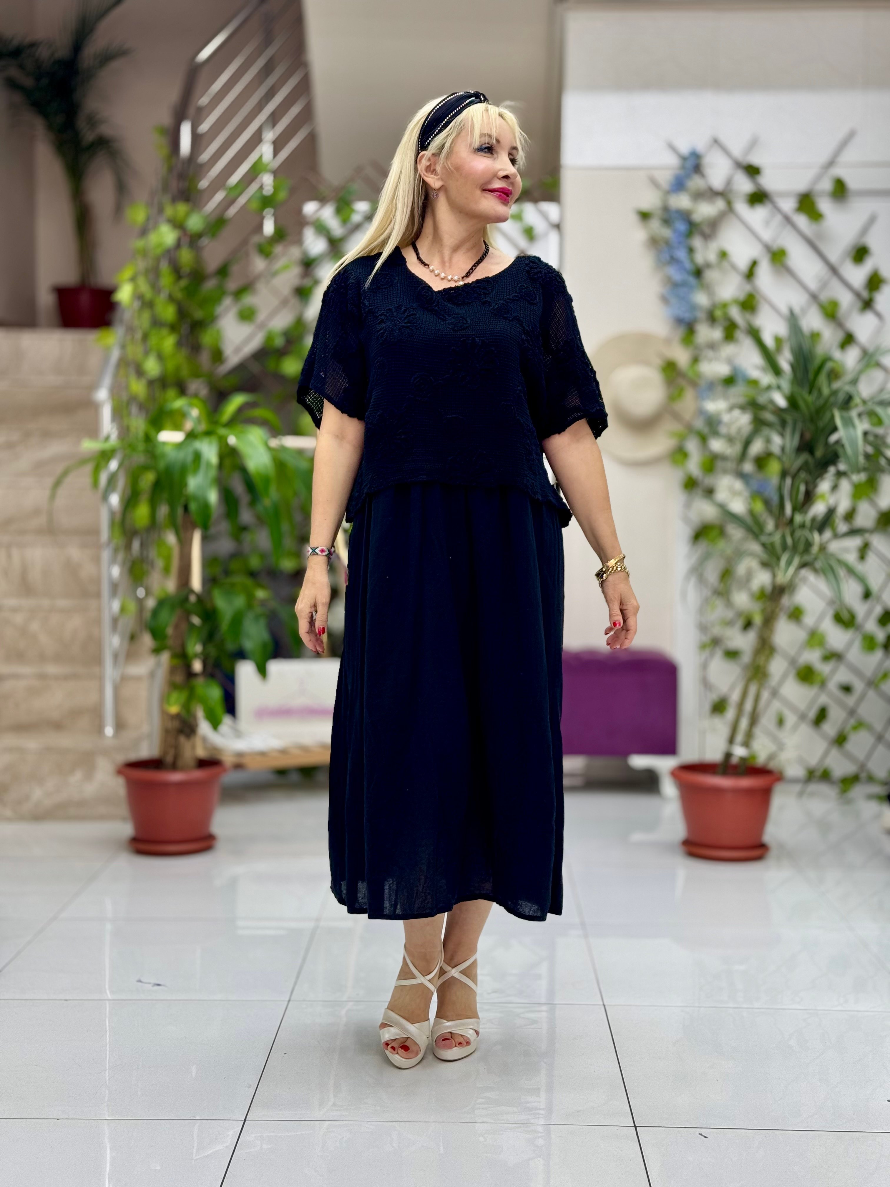 NC110505 İtalyan Keten Elbise Siyah