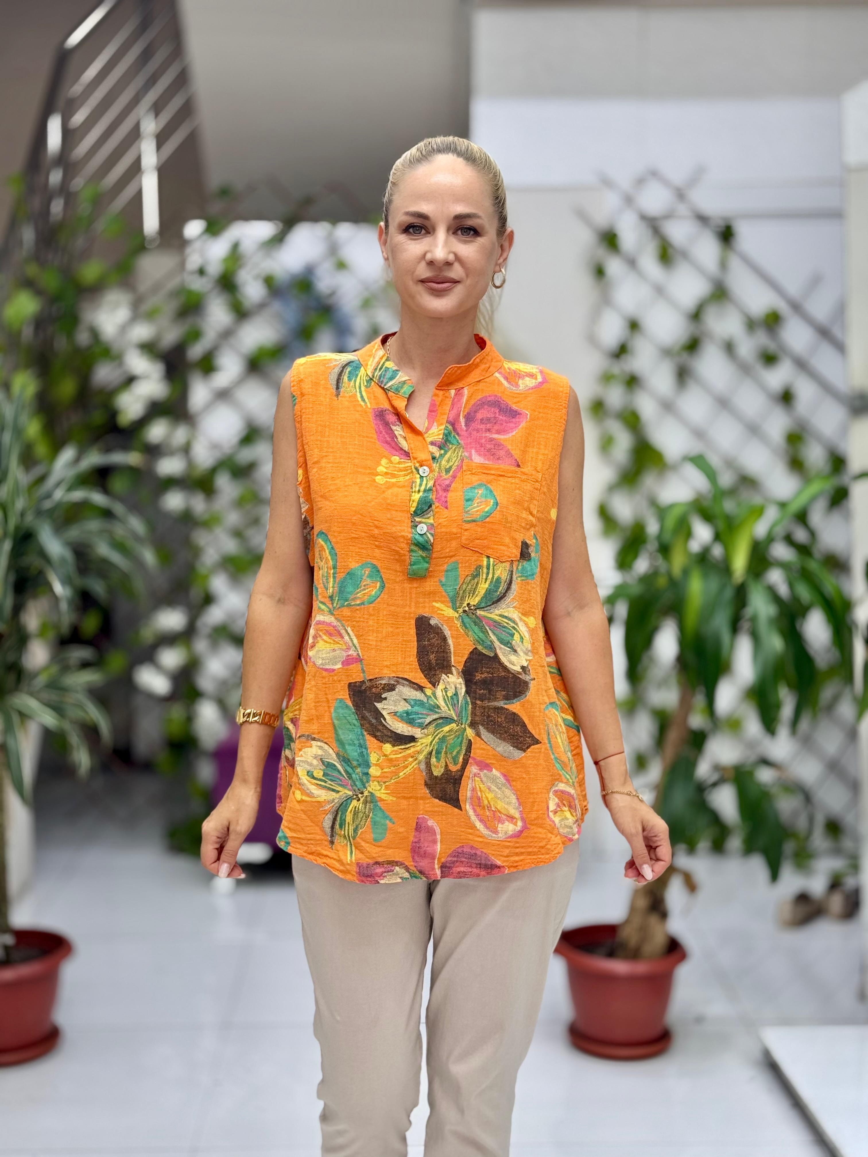LS8819B Kolsuz Pamukketen Cepli İtalyan Bluz Oranj