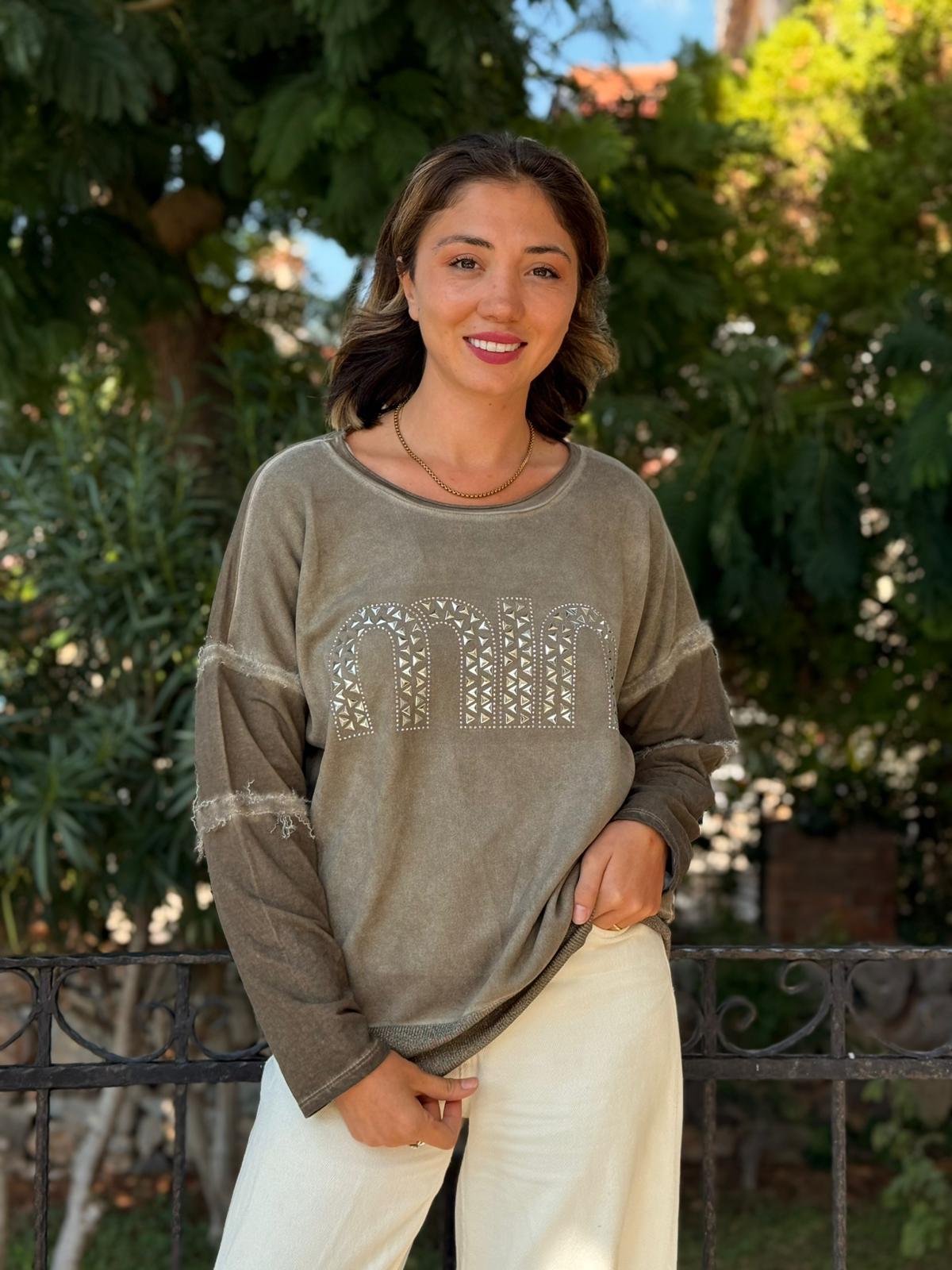 NC53659C İtalyan MIN Taşlı Coton Sweatshirt Vizon