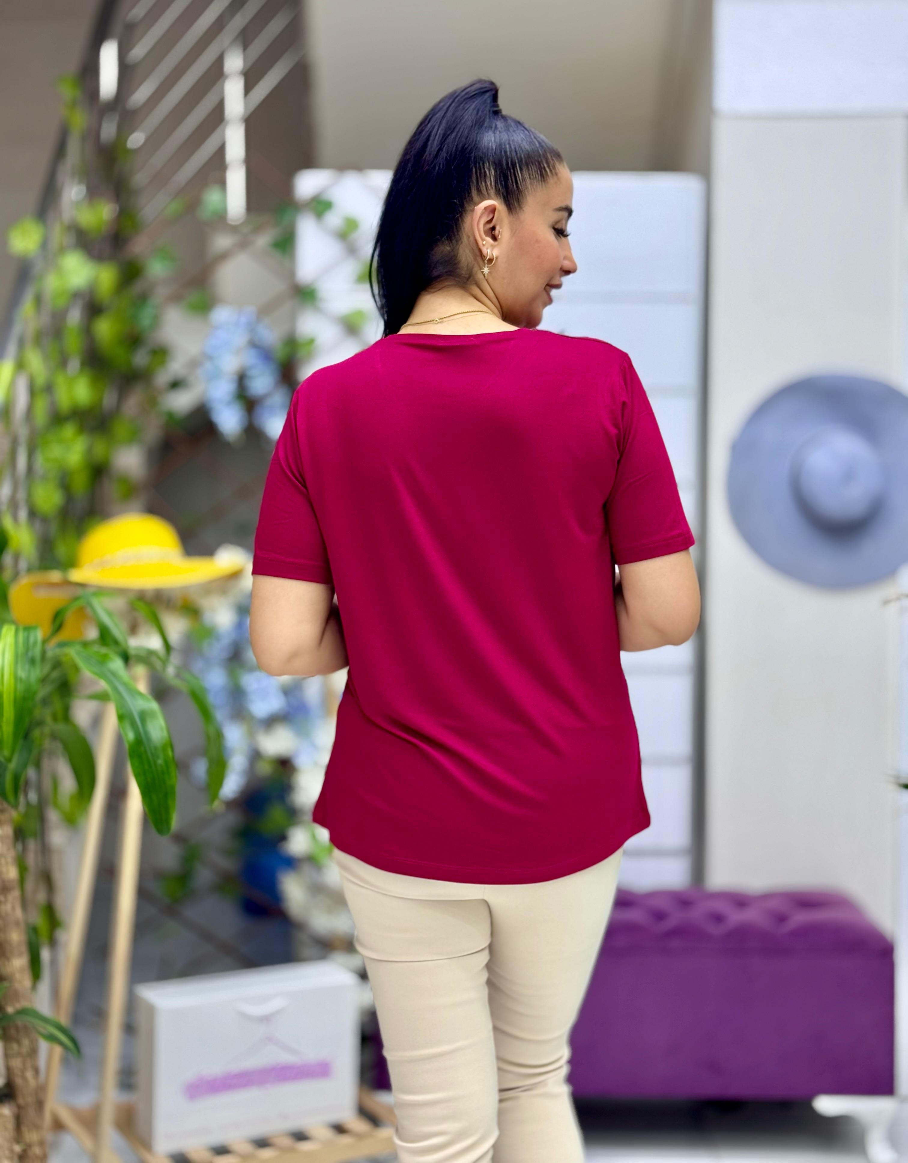 MS4480 V Yaka Taş Desenli Penye Bluz Bordo