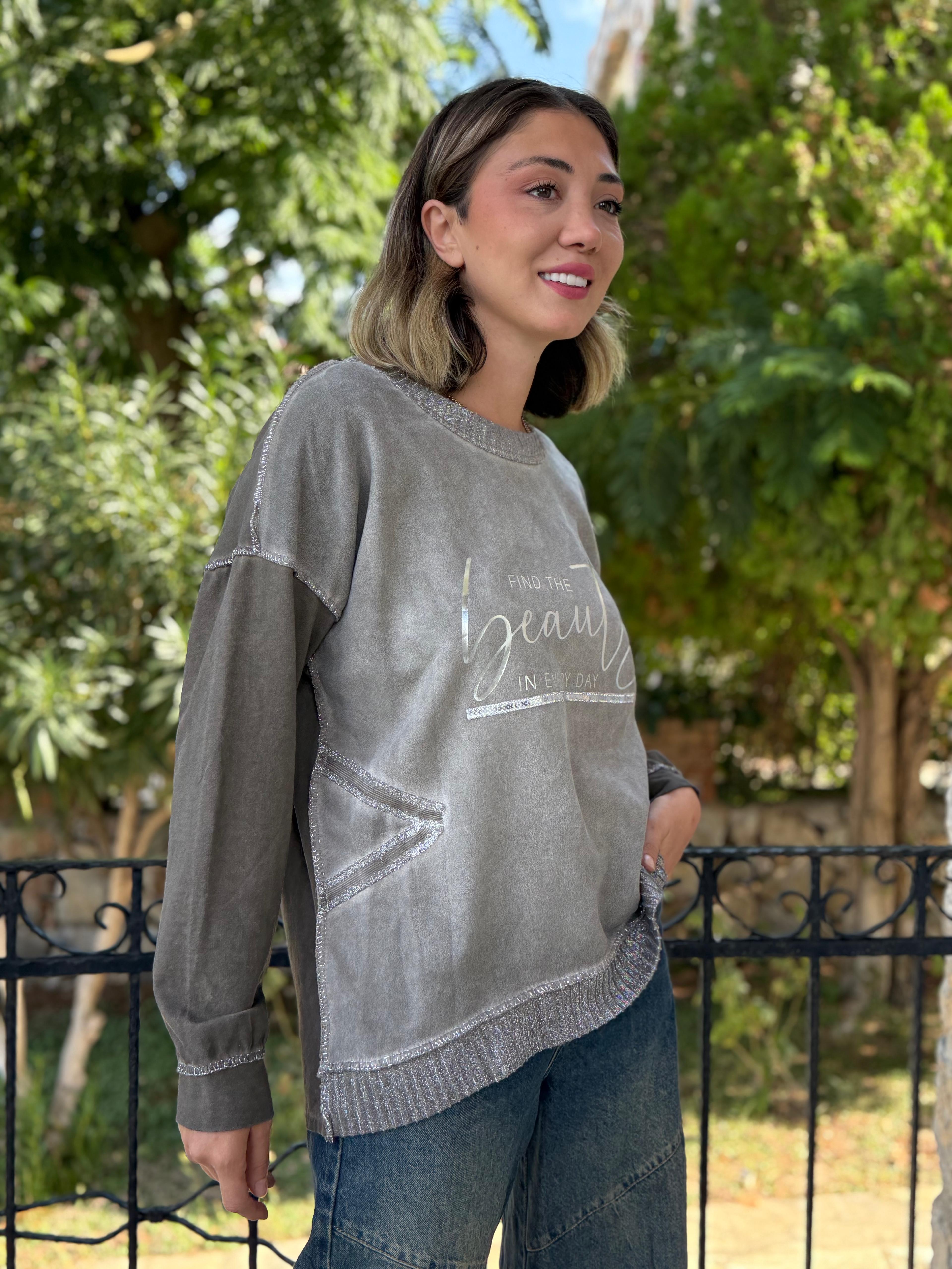 NC50793 İtalyan Beauty Yazılı Coton Sweatshirt Vizon