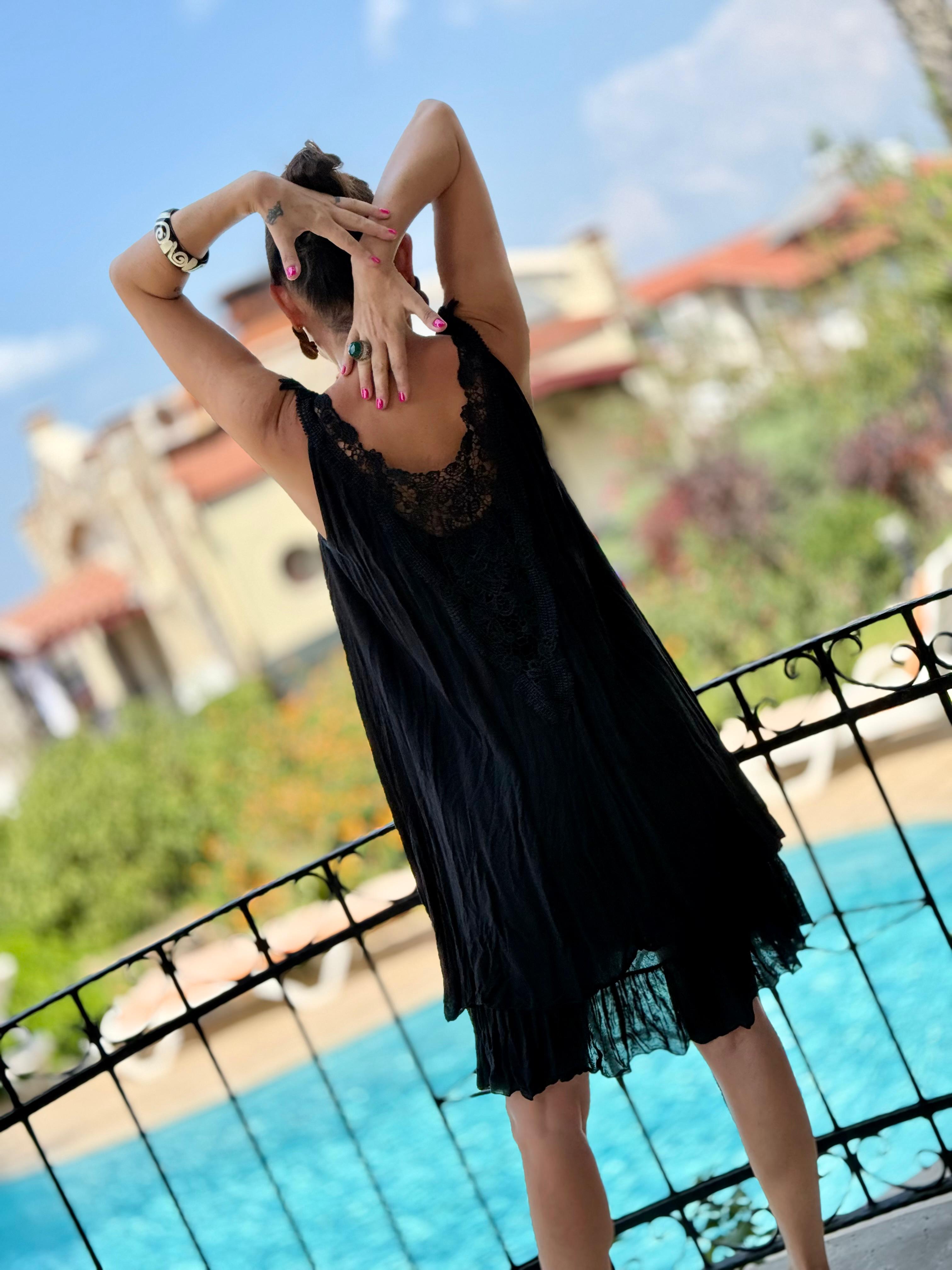 VL1207 Kolsuz Vual Mini Elbise Siyah
