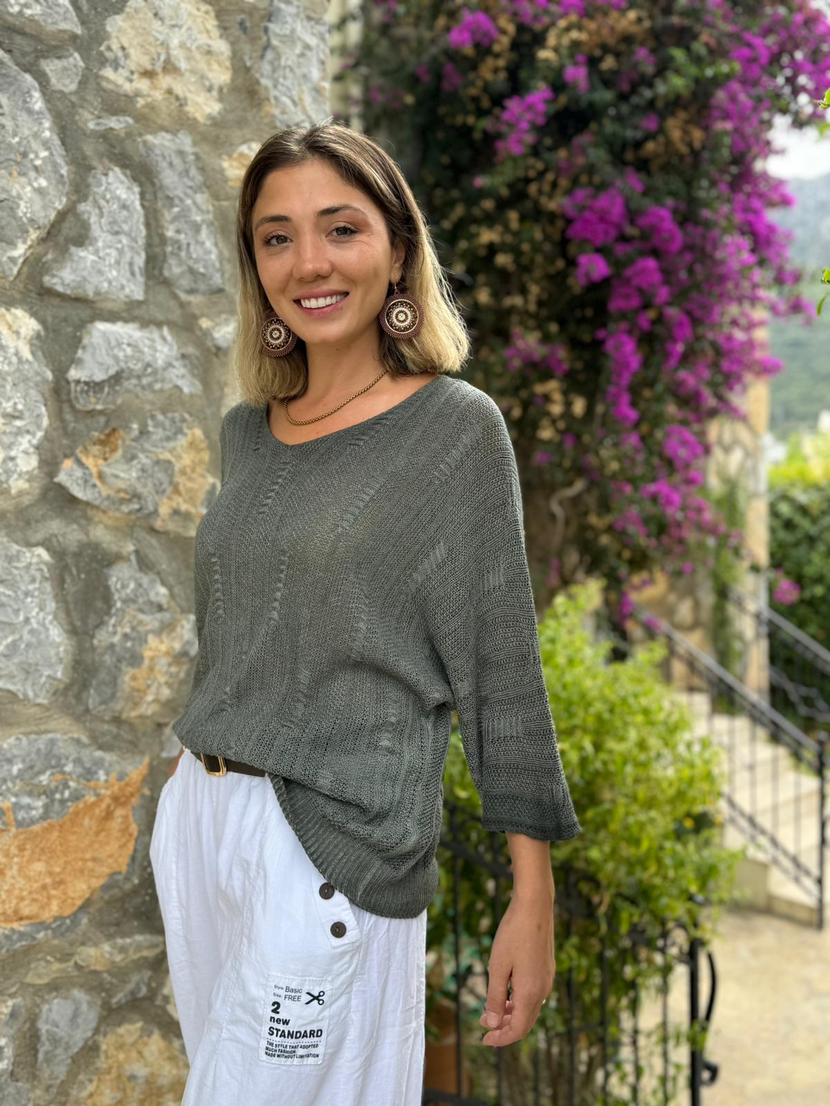 LS8713 İtalyan Çizgi Desenli Triko Bluz Haki