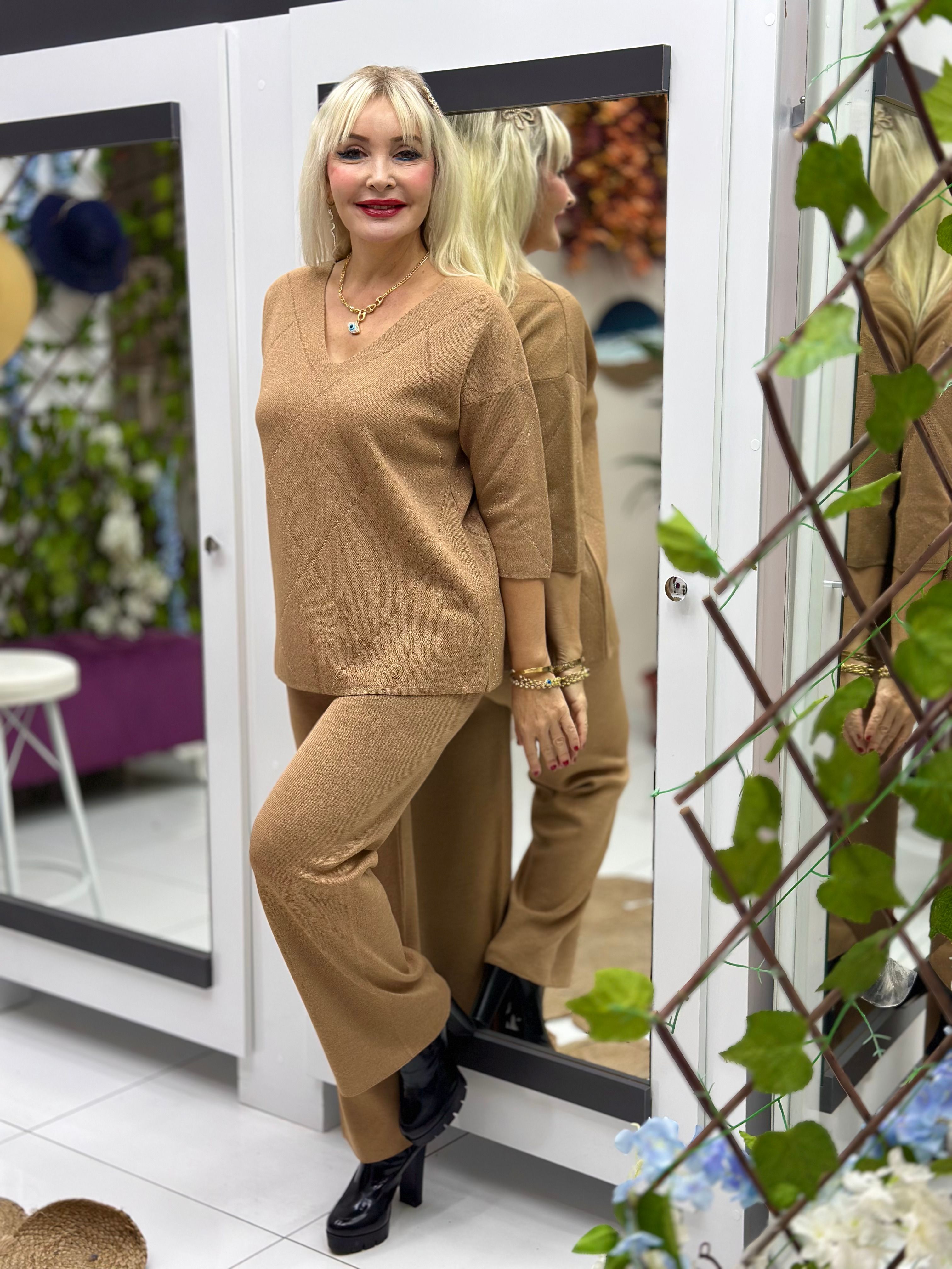 D12765 Zikzak Desen Triko Bluz Camel