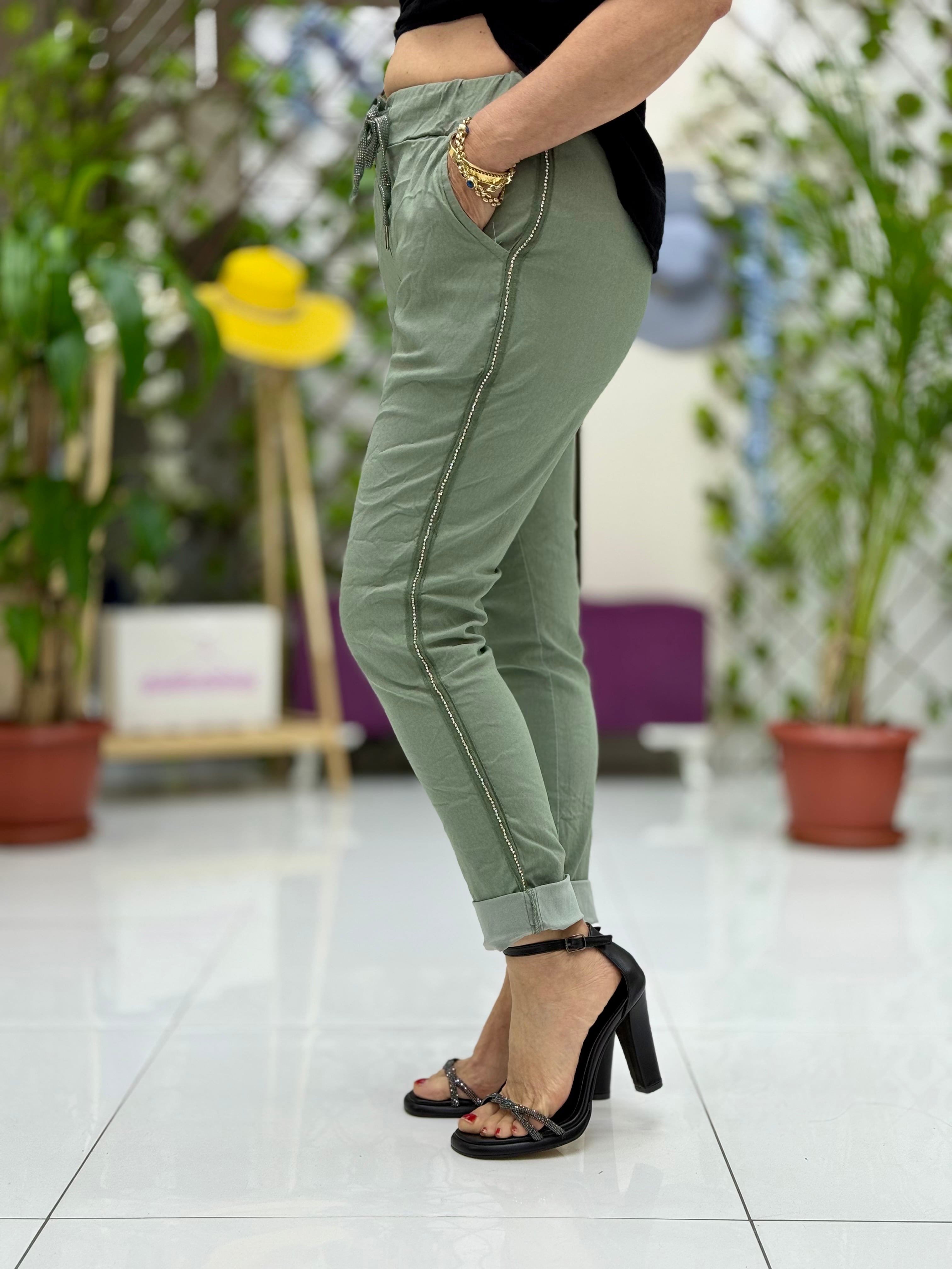 NC8162 İtalyan Yan Taşlı Şerit Coton Pantolon Haki