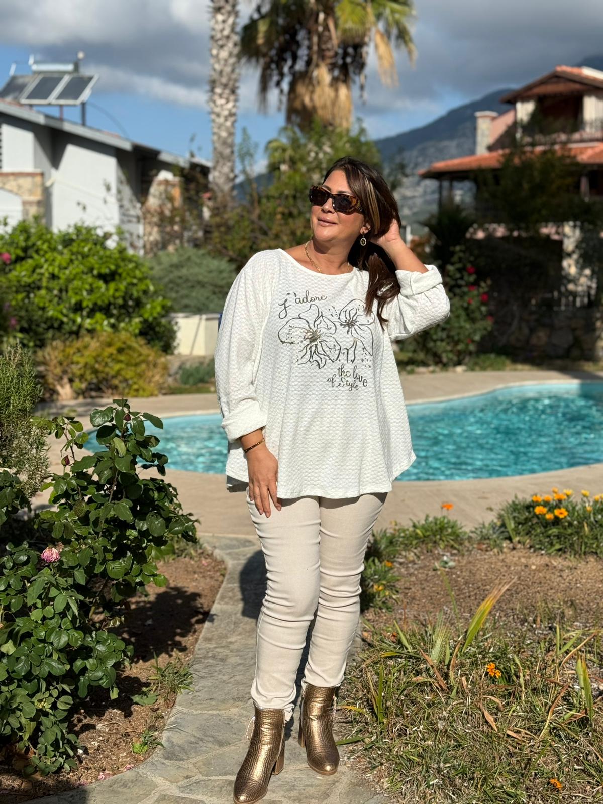 YG31256 İtalyan Kendinden Desenli Çiçek Baskılı Triko Bluz Beyaz