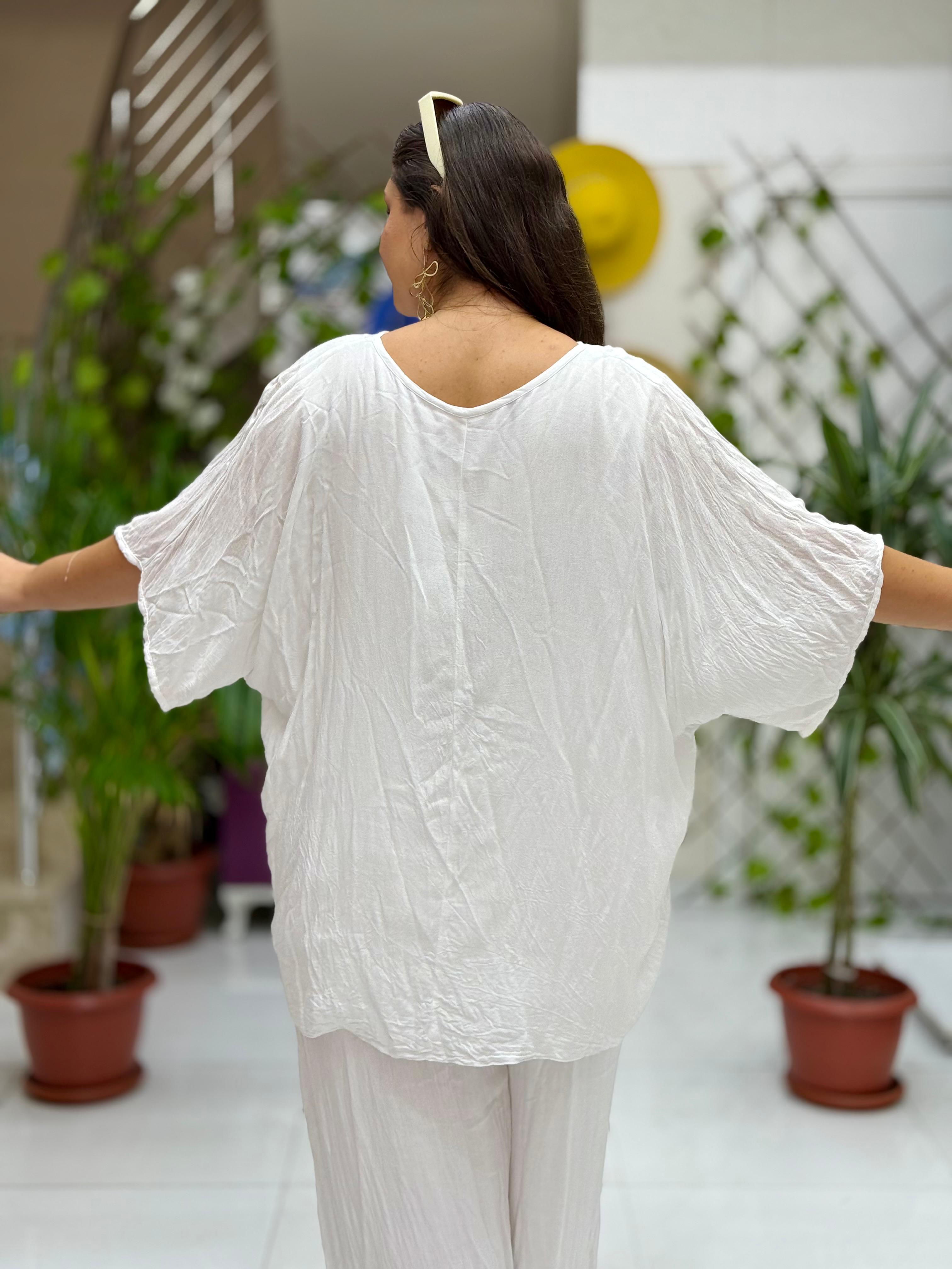 VL3159 %100 Vual Pamuk Bluz Pantolon Takım Beyaz