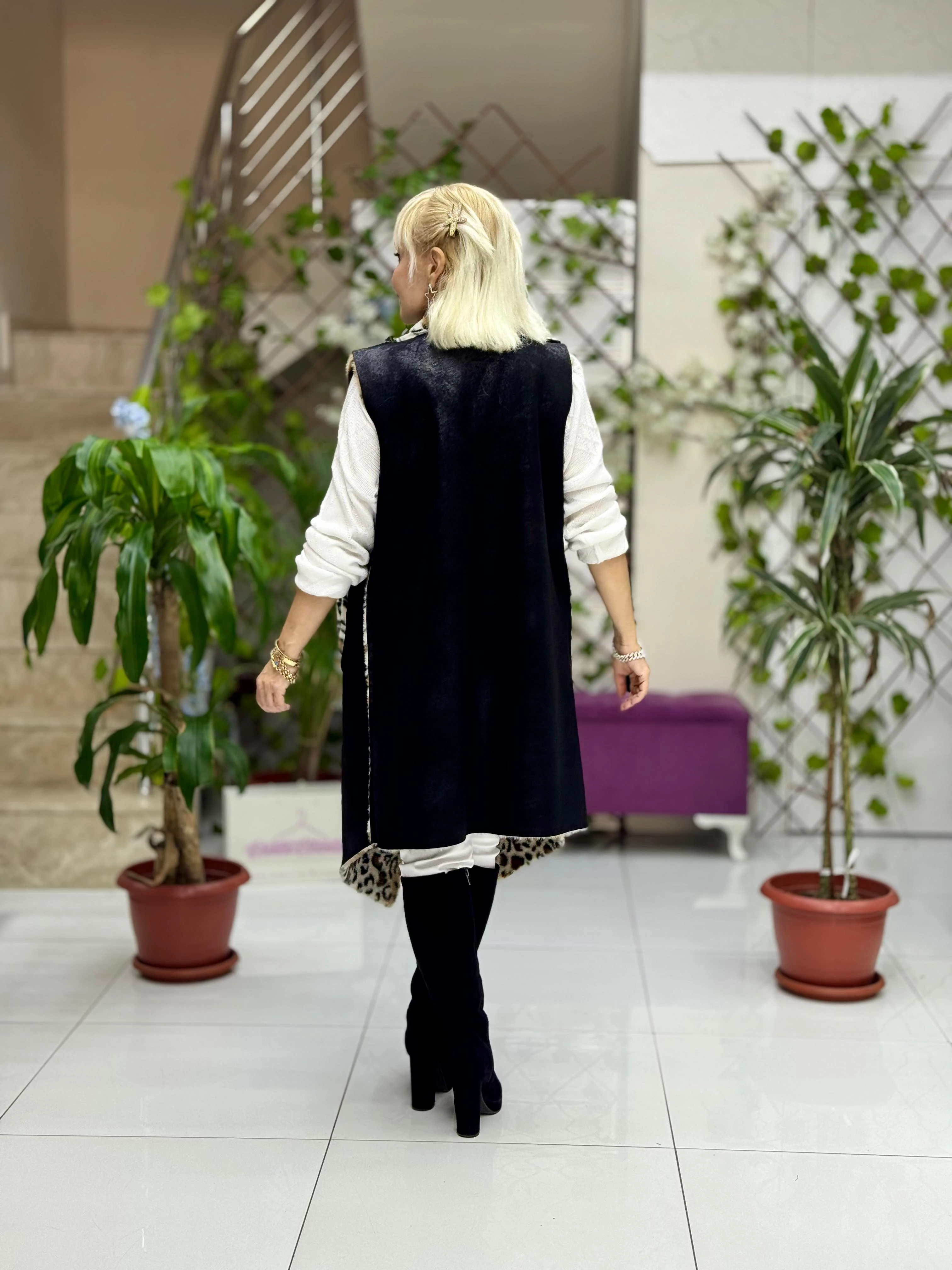 YG3340 Leopar Desenli Kürklü İtalyan Nubuk Yelek Siyah