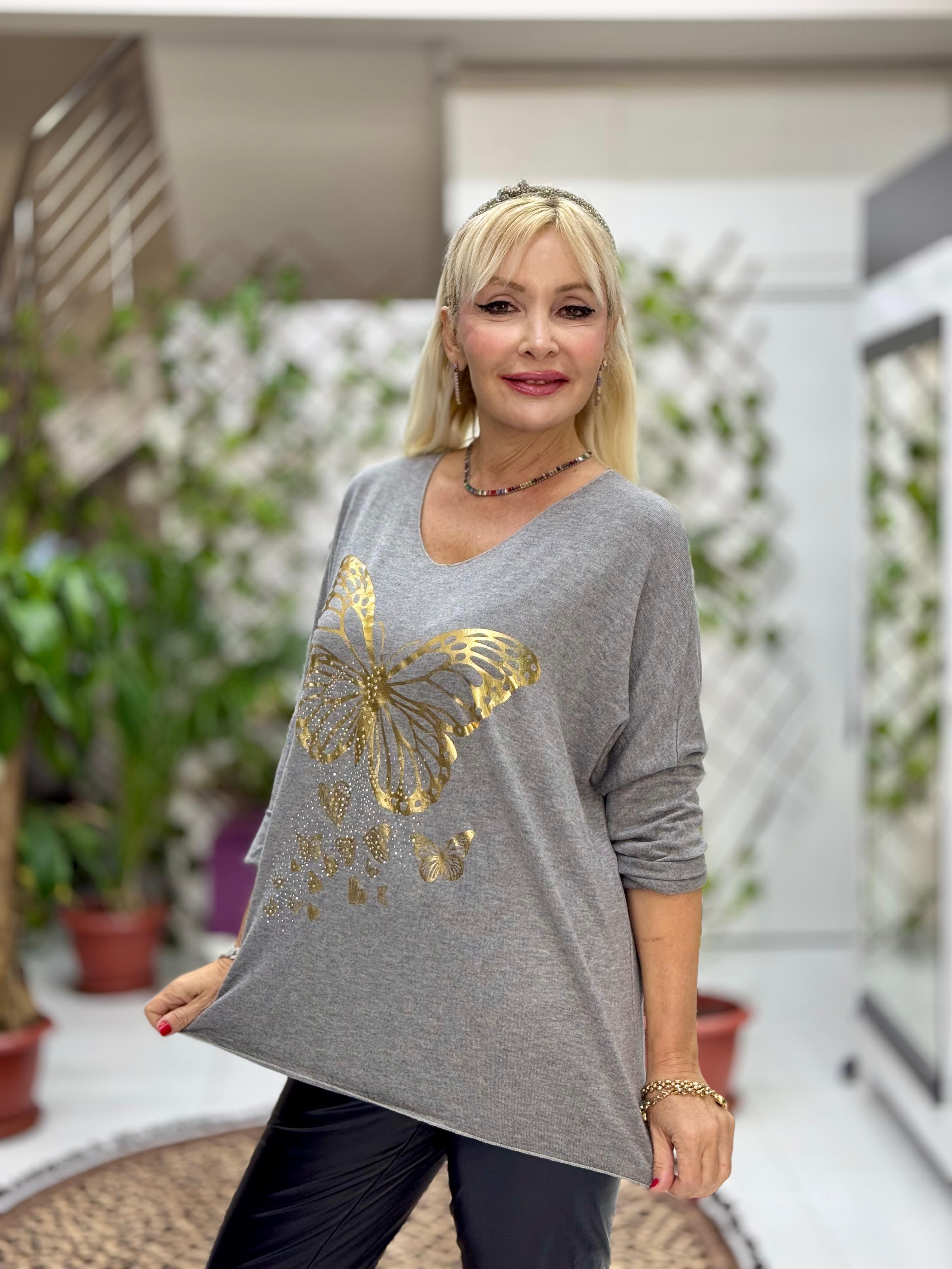 YG59100 İtalyan Taşlı ve Kelebek Baskılı Triko Bluz Gri