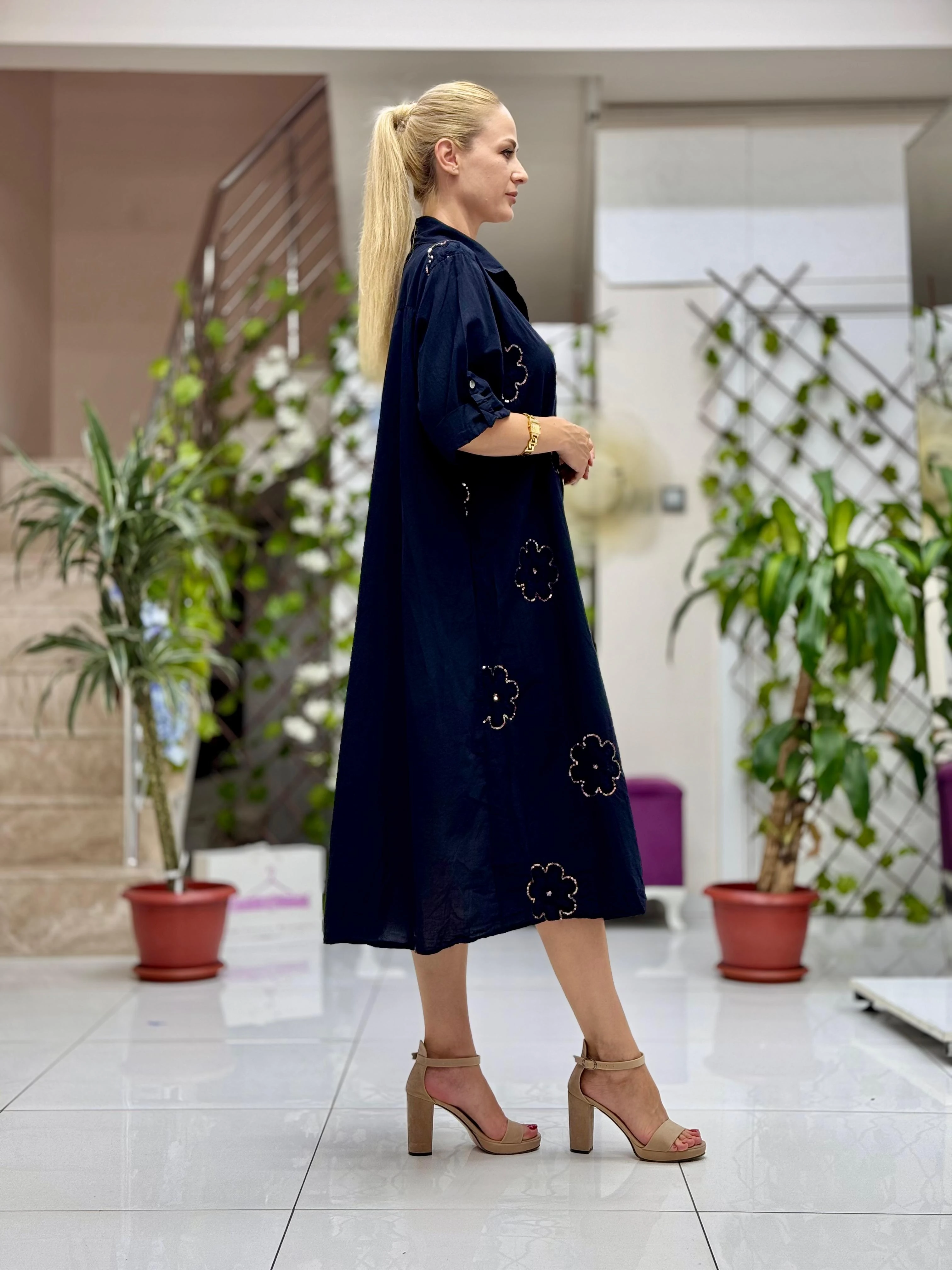 PT91720 Pul Payetli Coton İtalyan Gömlek Elbise Siyah