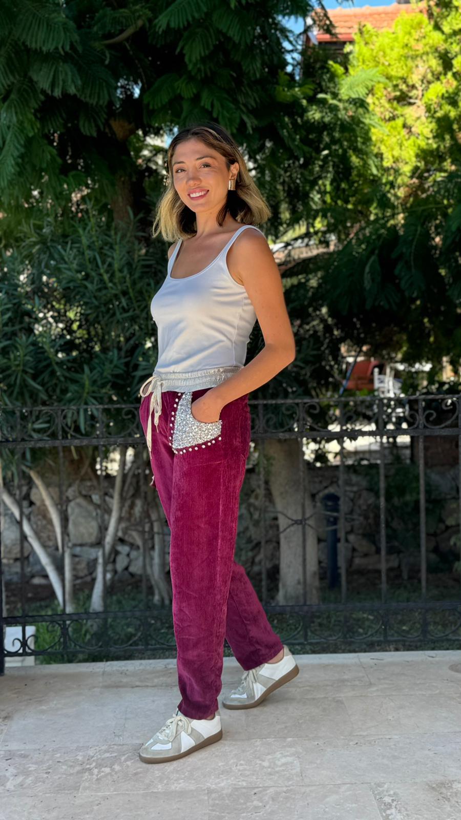 LS13220 İtalyan Cebi Taşlı Kadife Pantolon Vişne