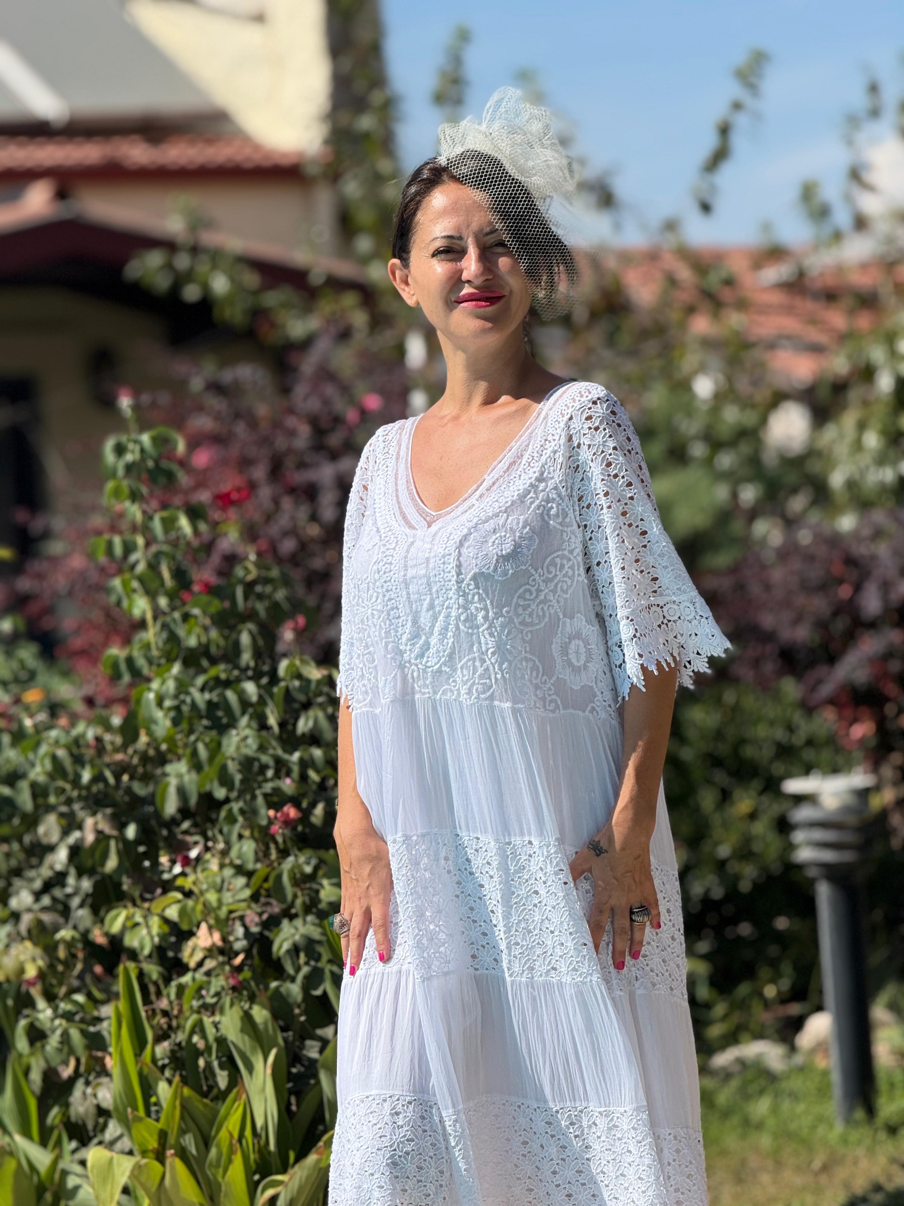 NC10938 İtalyan Pul Payetli Yarım Kol Midi İpek Elbise Beyaz