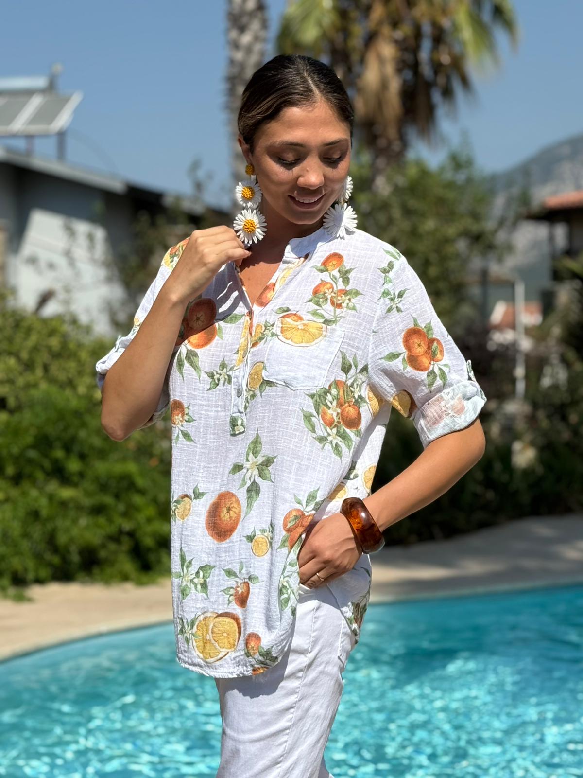 NC154553 İtalyan Pamuk Keten Bluz Beyaz